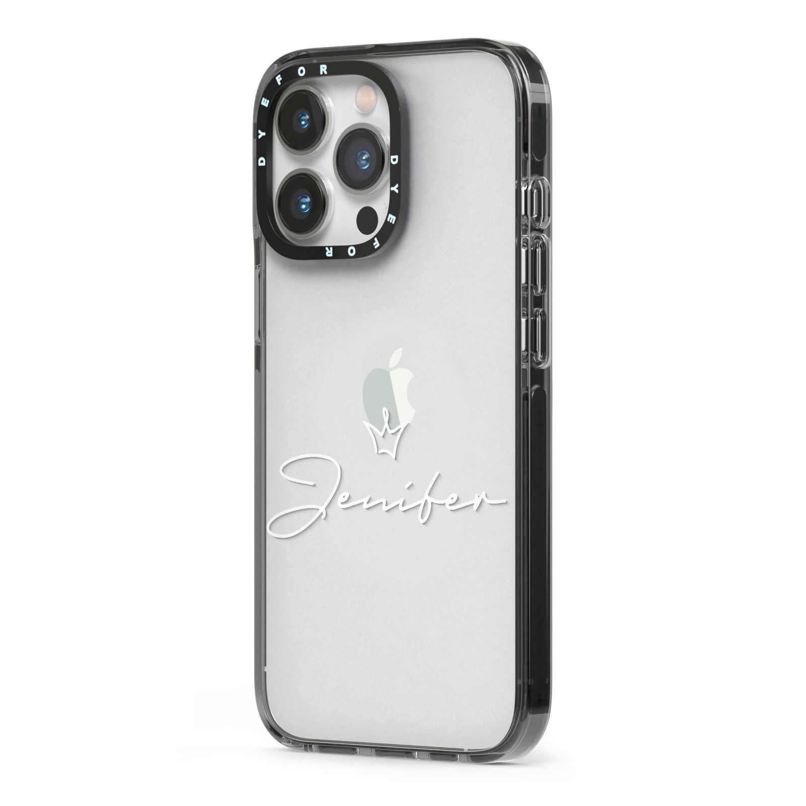 Personalised White Text Transparent iPhone 13 Pro Black Impact Case Side Angle on Silver phone