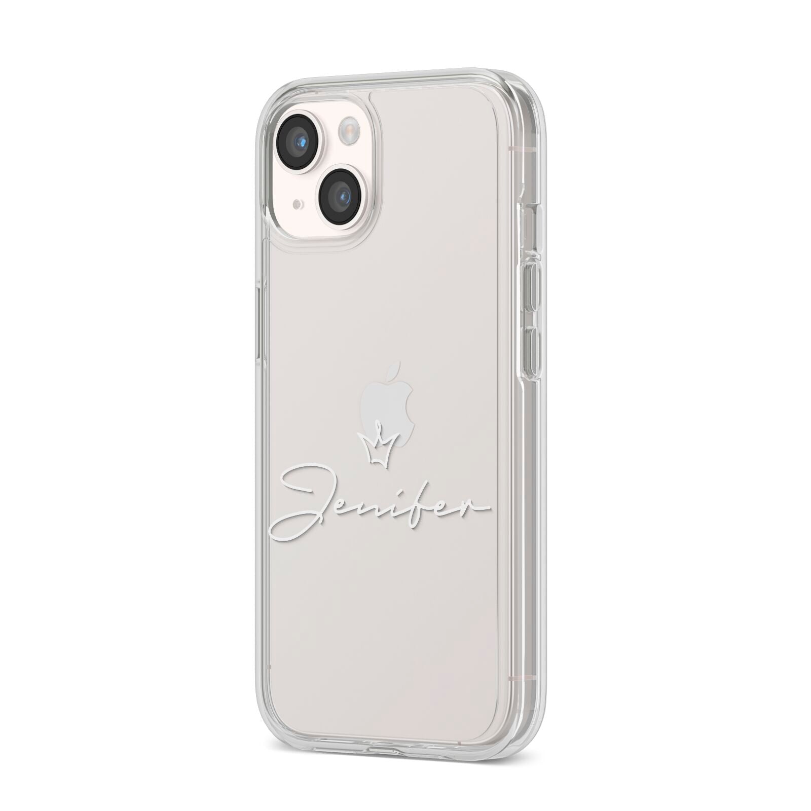 Personalised White Text Transparent iPhone 14 Clear Tough Case Starlight Angled Image