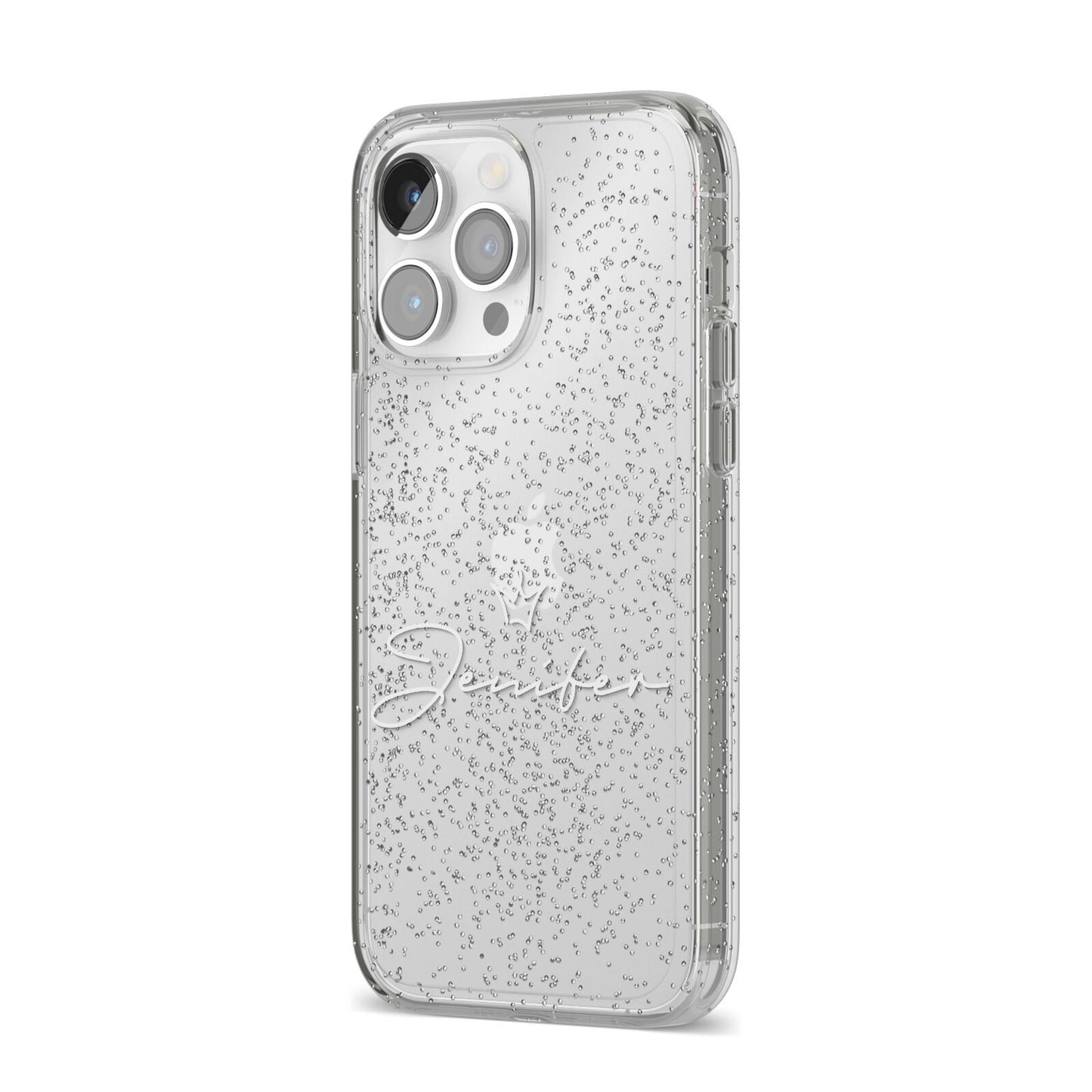 Personalised White Text Transparent iPhone 14 Pro Max Glitter Tough Case Silver Angled Image