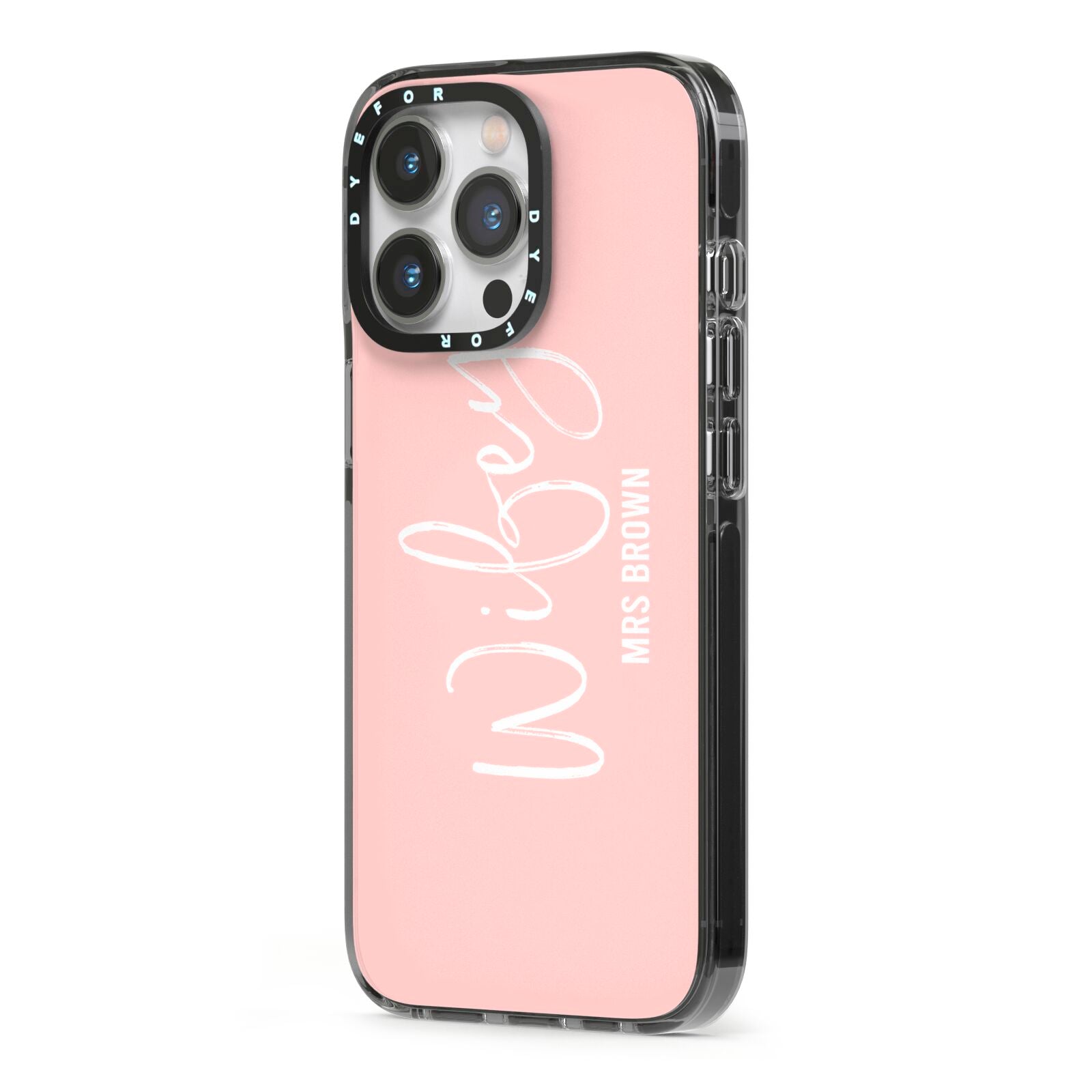 Personalised Wifey Pink iPhone 13 Pro Black Impact Case Side Angle on Silver phone