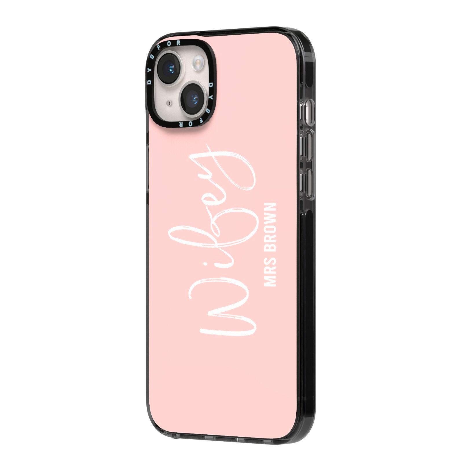 Personalised Wifey Pink iPhone 14 Plus Black Impact Case Side Angle on Silver phone