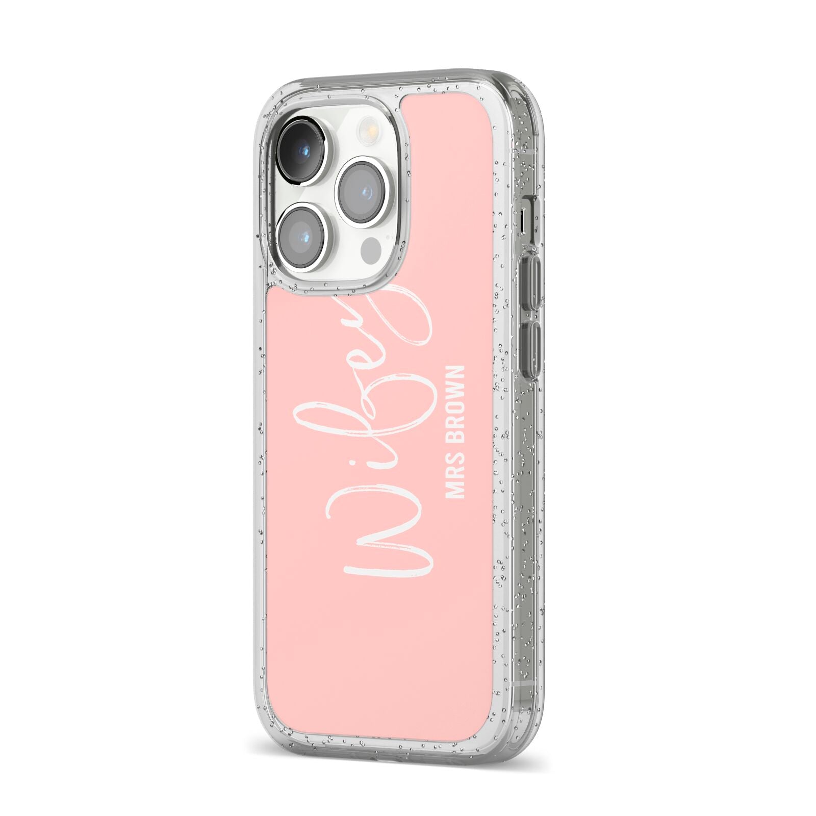 Personalised Wifey Pink iPhone 14 Pro Glitter Tough Case Silver Angled Image
