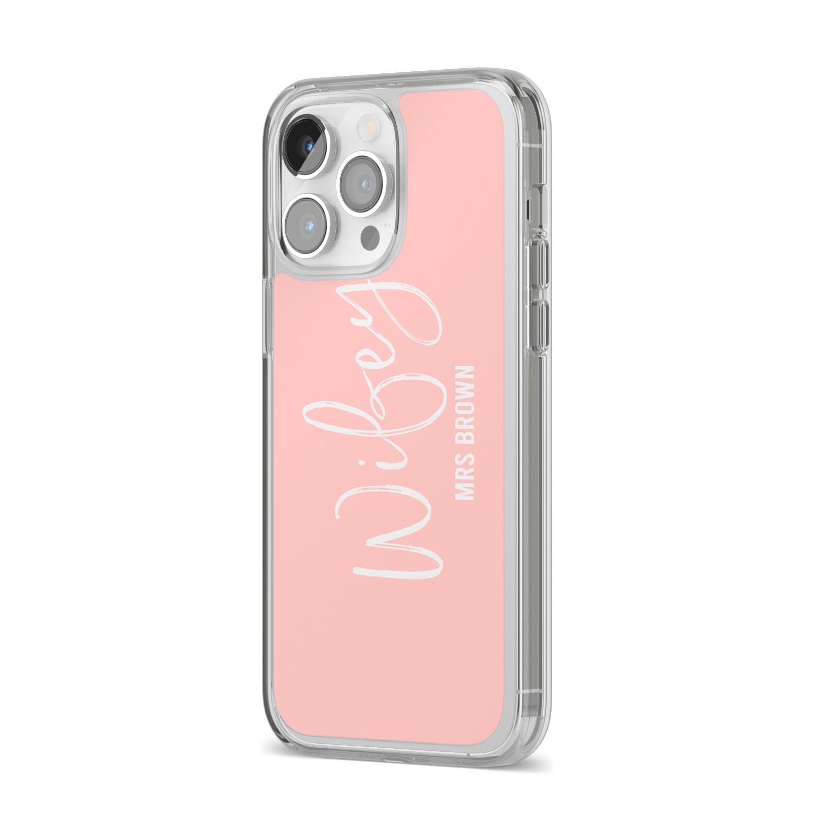 Personalised Wifey Pink iPhone 14 Pro Max Clear Tough Case Silver Angled Image
