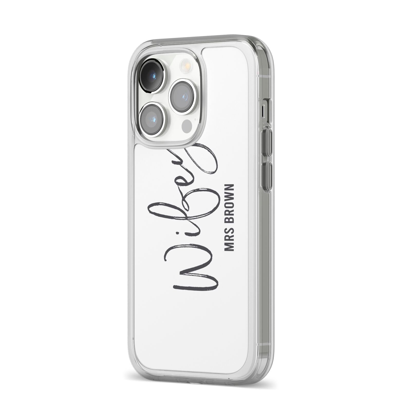 Personalised Wifey White iPhone 14 Pro Clear Tough Case Silver Angled Image