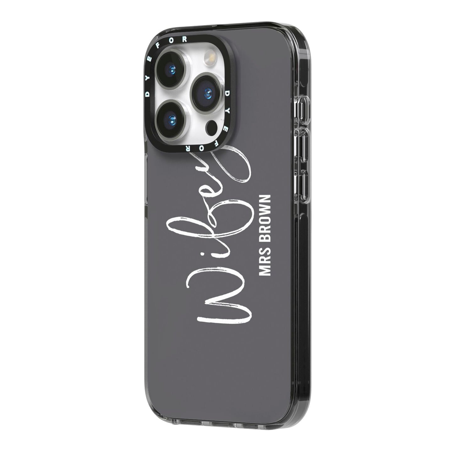 Personalised Wifey iPhone 14 Pro Black Impact Case Side Angle on Silver phone