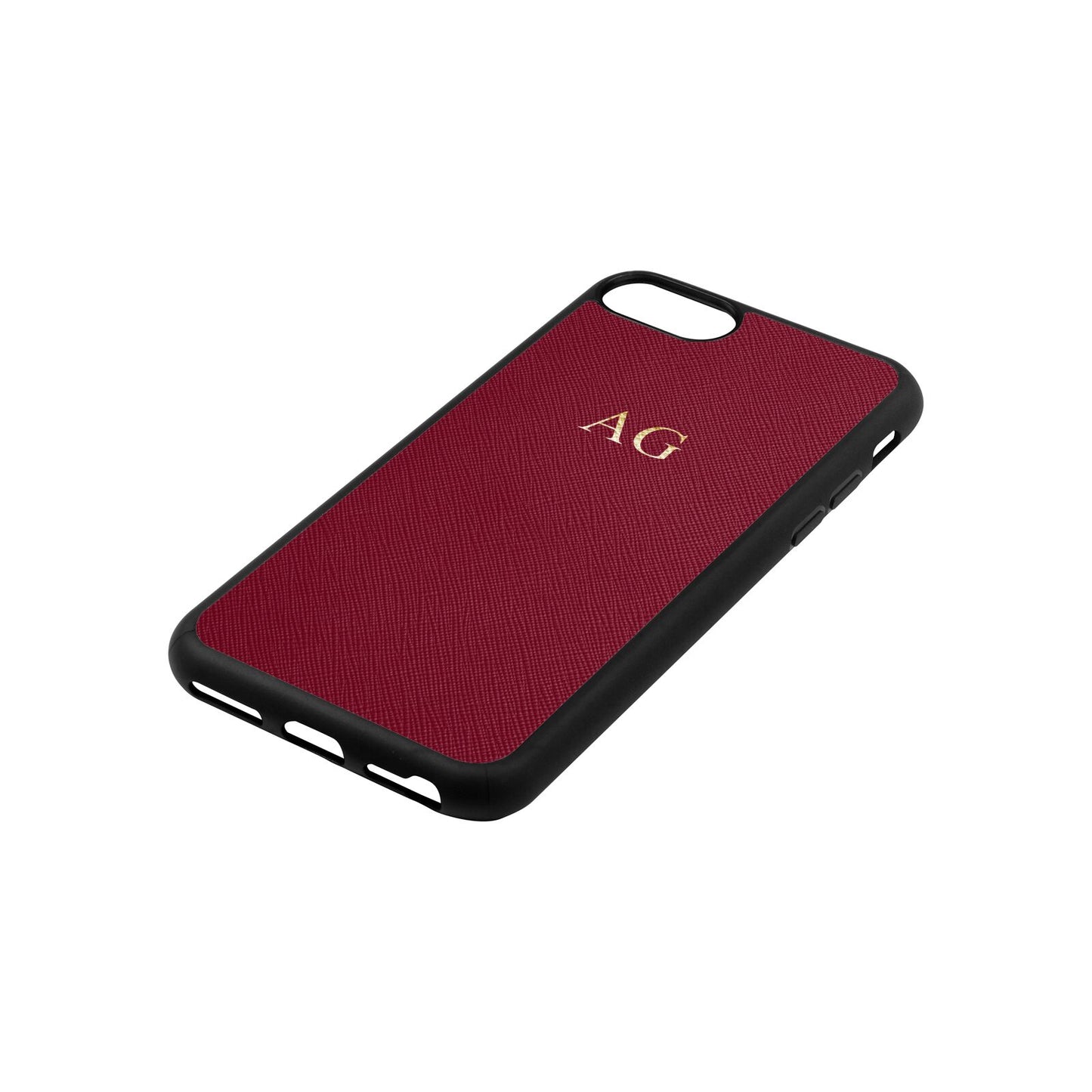Personalised Wine Red Saffiano Leather iPhone 8 Case Side Angle