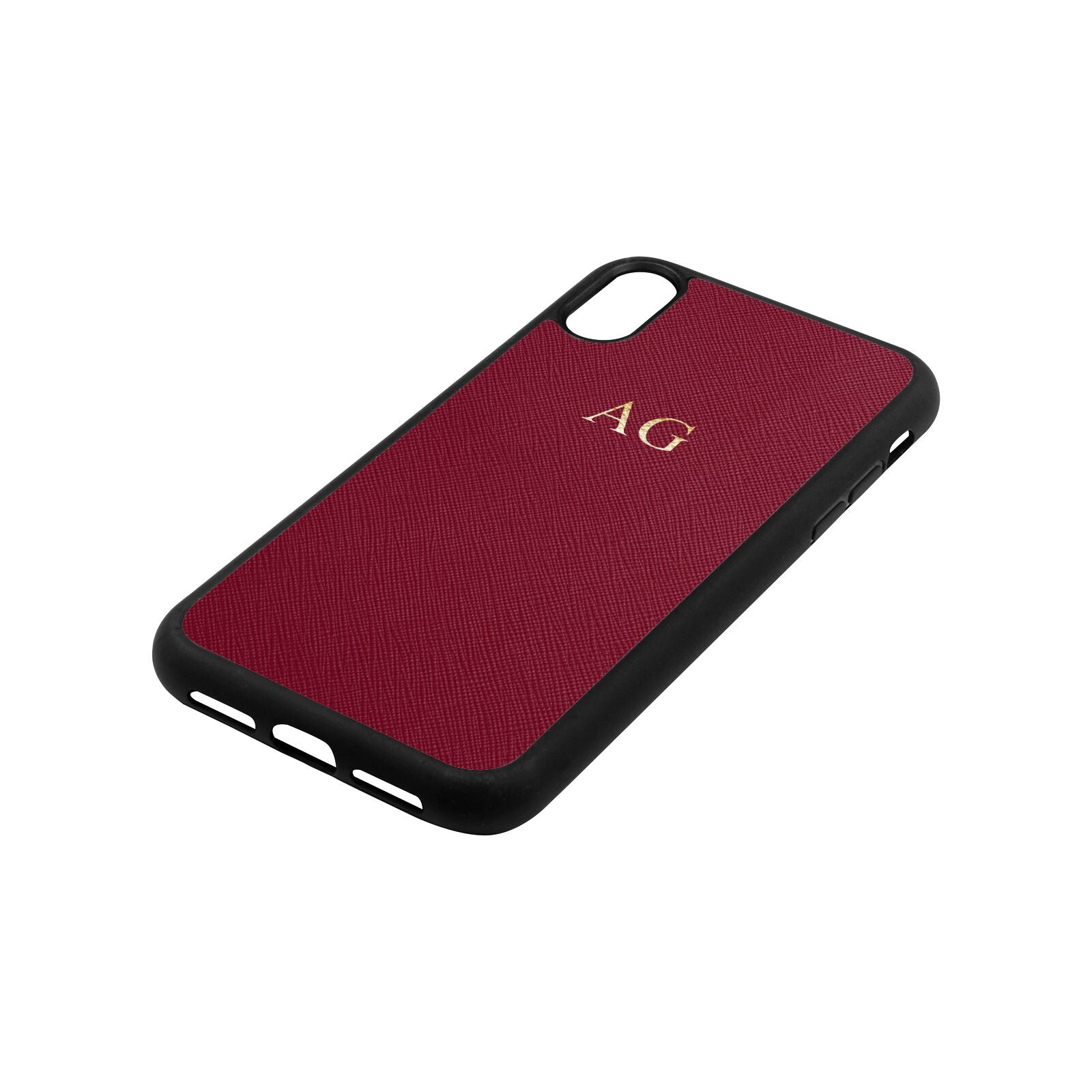 Personalised Wine Red Saffiano Leather iPhone Xr Case Side Angle