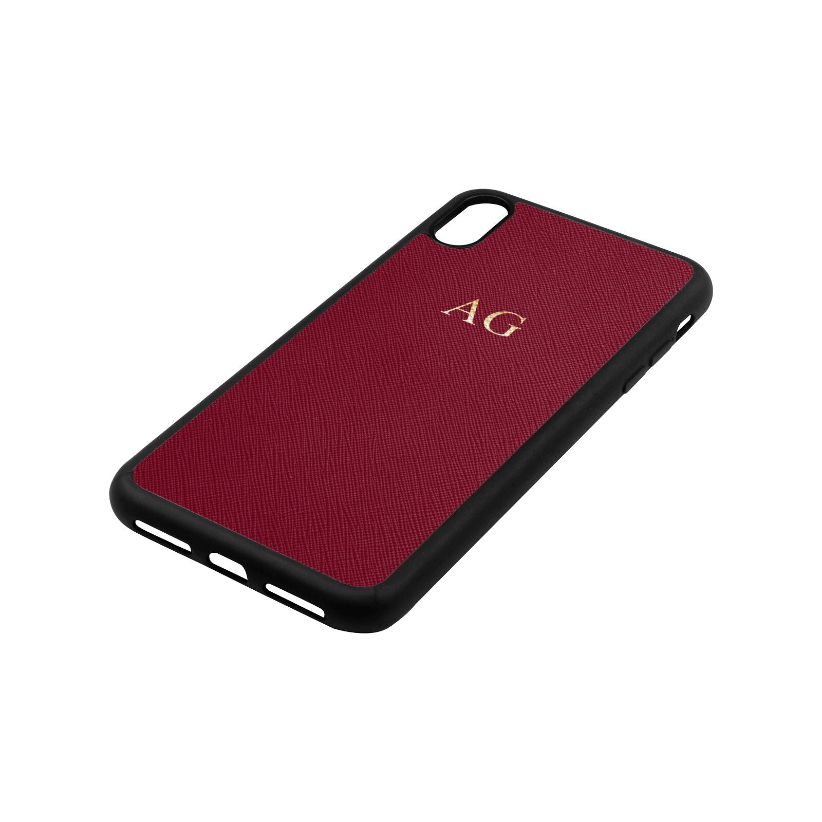 Personalised Wine Red Saffiano Leather iPhone Xs Max Case Side Angle