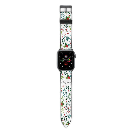 Personalised Winter Floral Apple Watch Strap with Space Grey Hardware