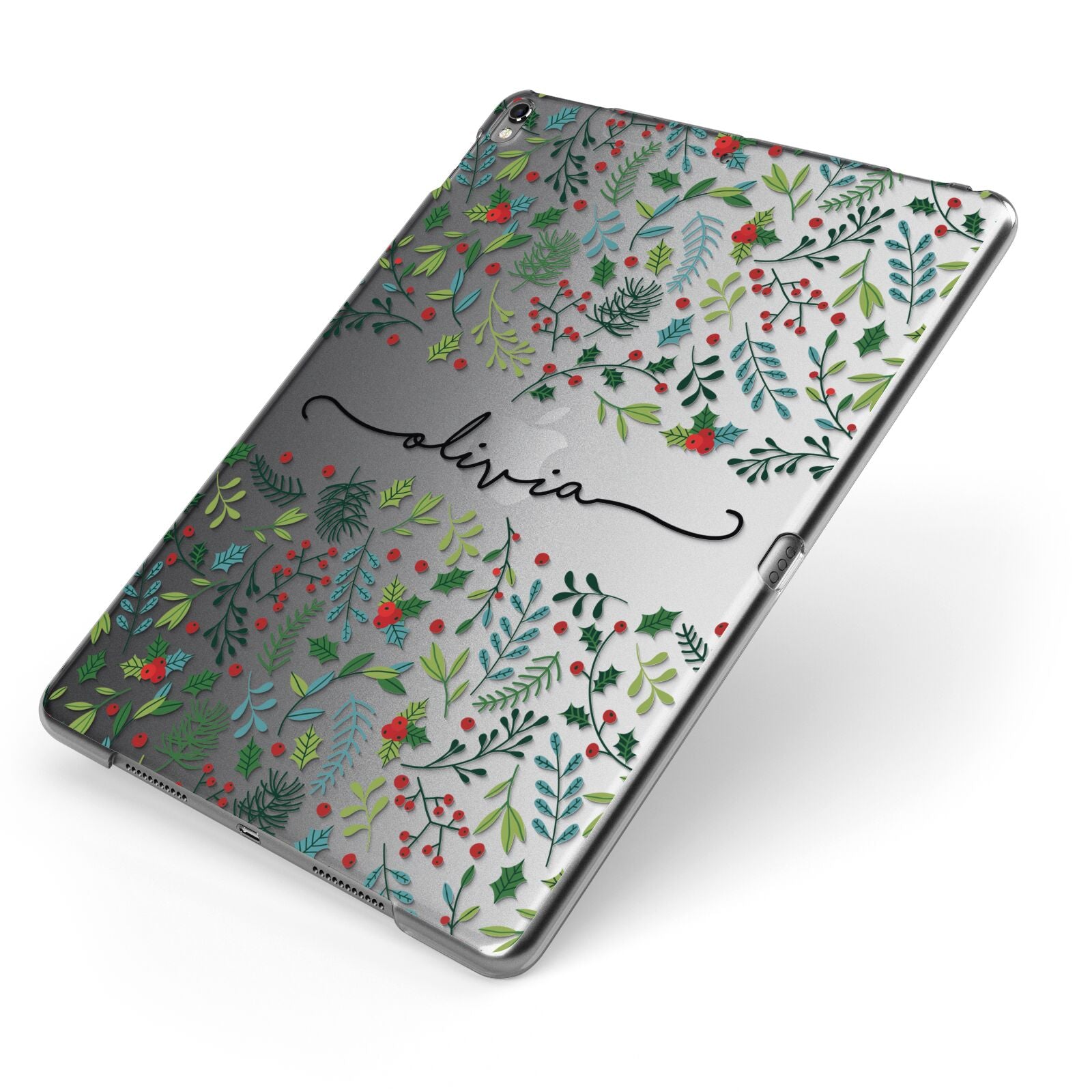 Personalised Winter Floral Apple iPad Case on Grey iPad Side View