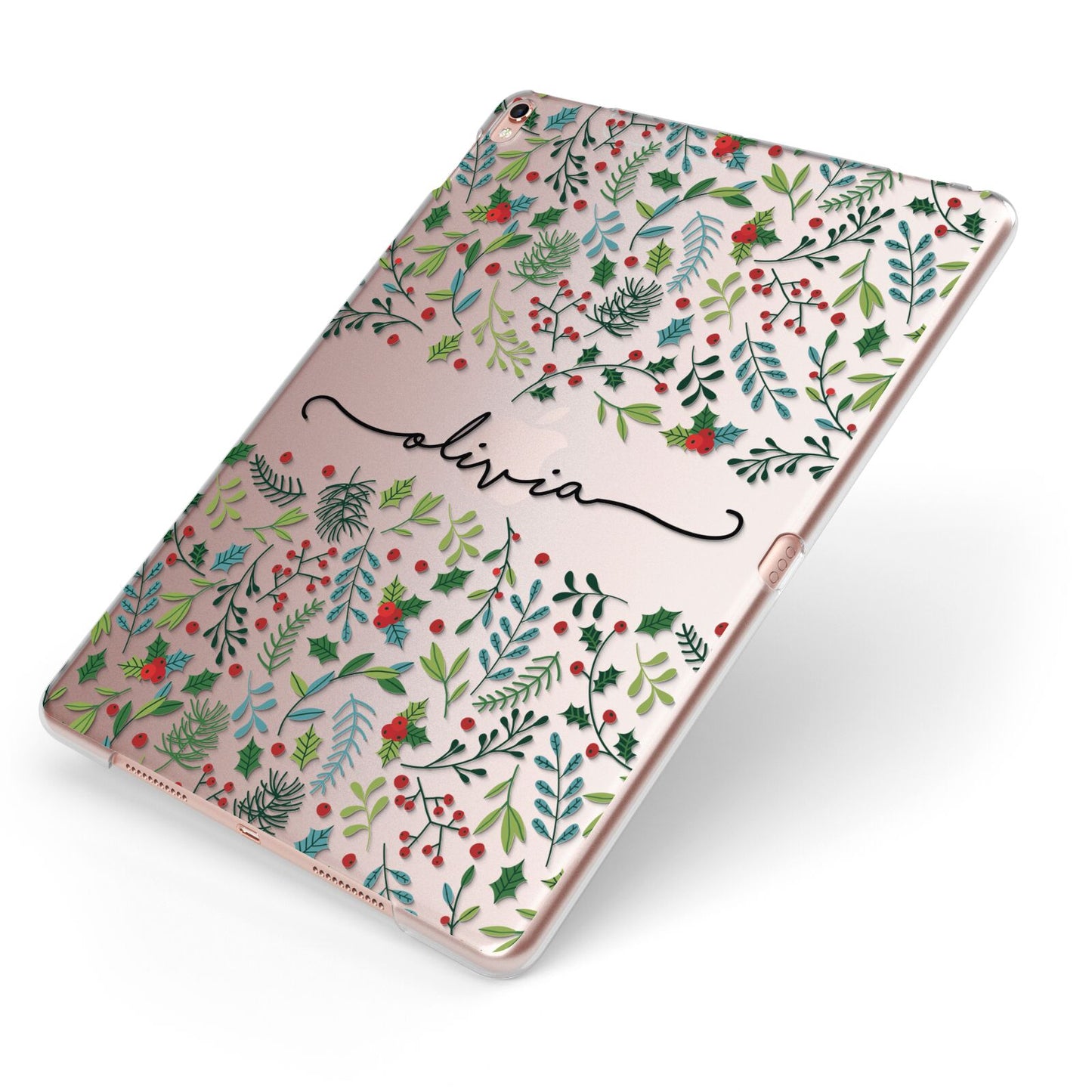 Personalised Winter Floral Apple iPad Case on Rose Gold iPad Side View