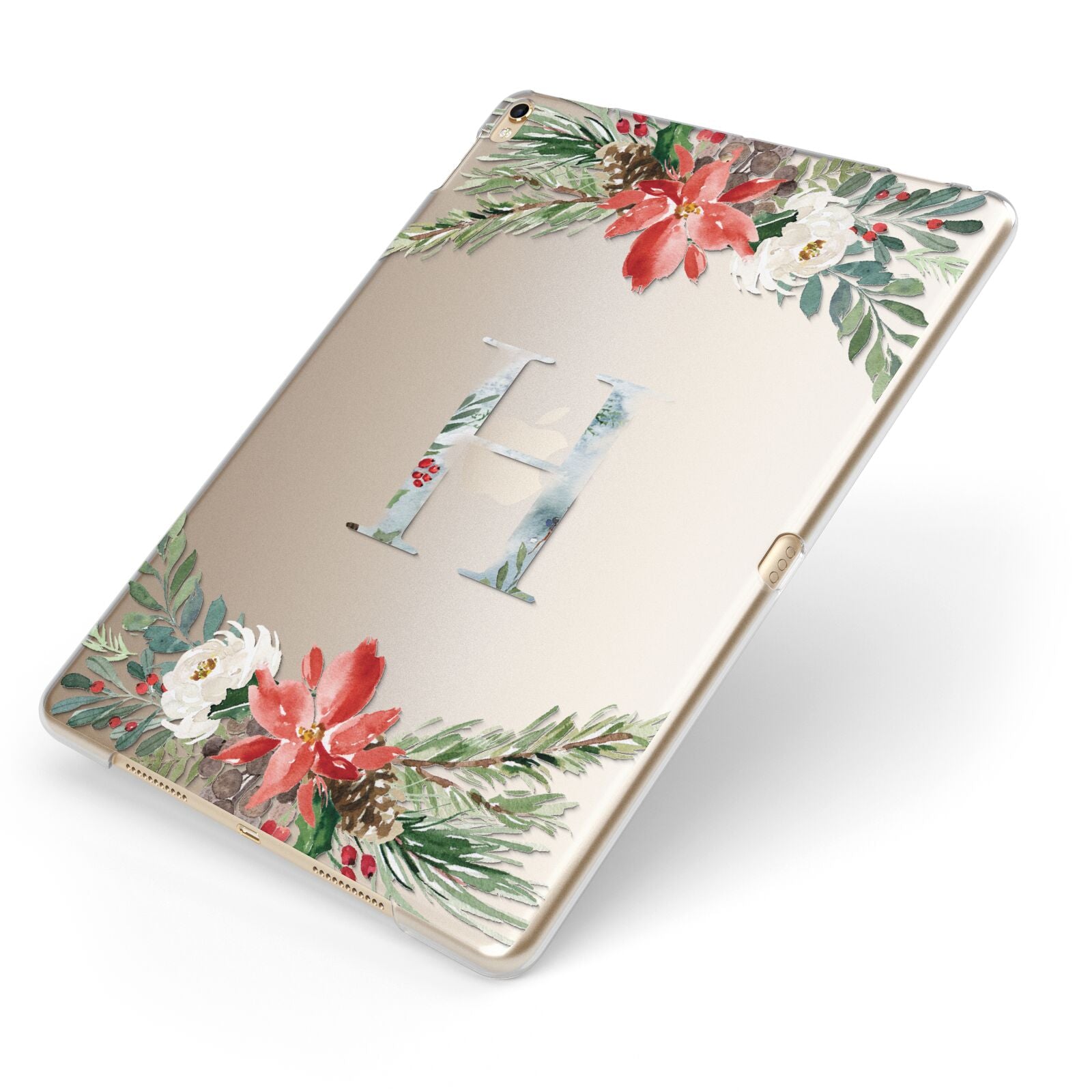Personalised Winter Monogram Clear Floral Apple iPad Case on Gold iPad Side View
