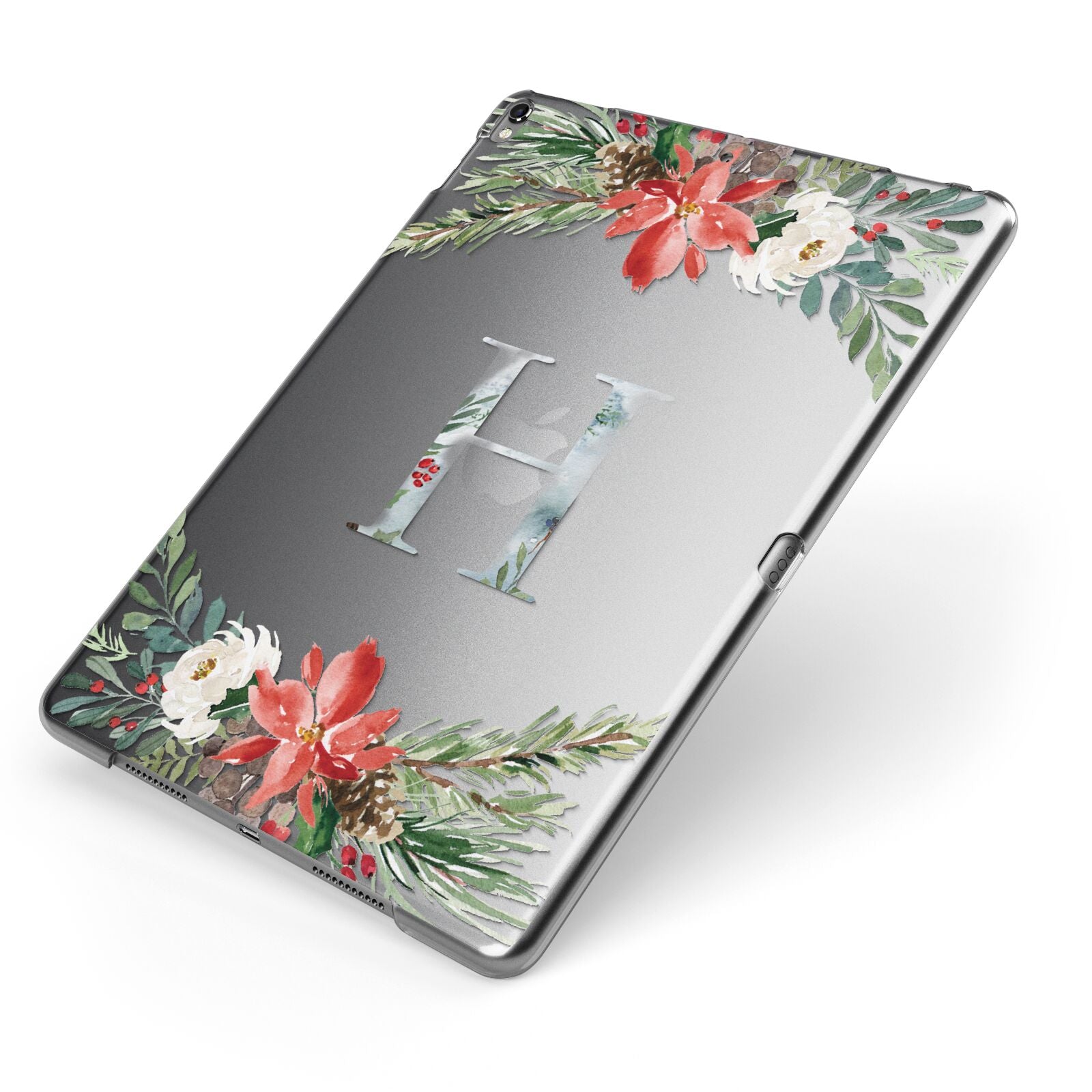 Personalised Winter Monogram Clear Floral Apple iPad Case on Grey iPad Side View