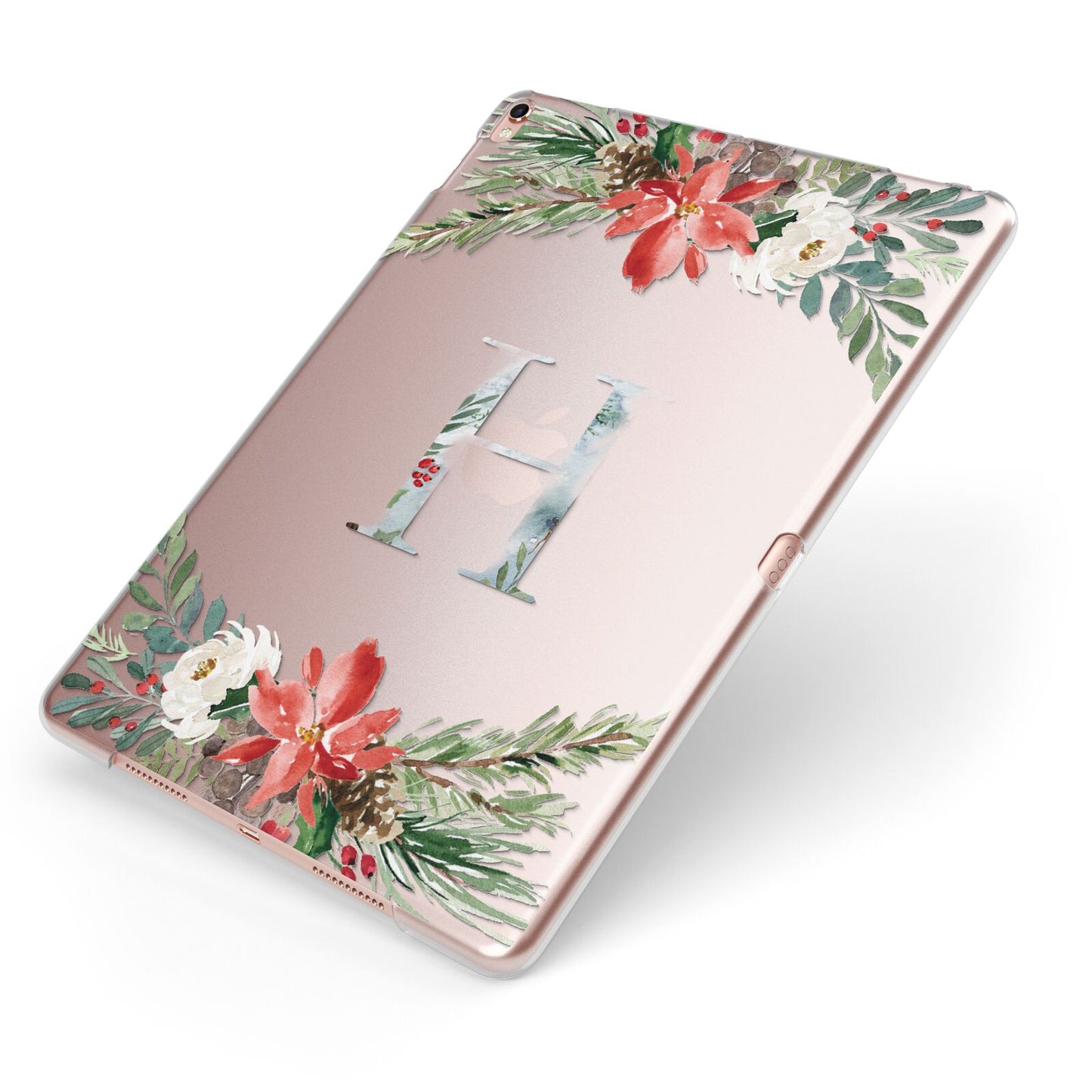 Personalised Winter Monogram Clear Floral Apple iPad Case on Rose Gold iPad Side View