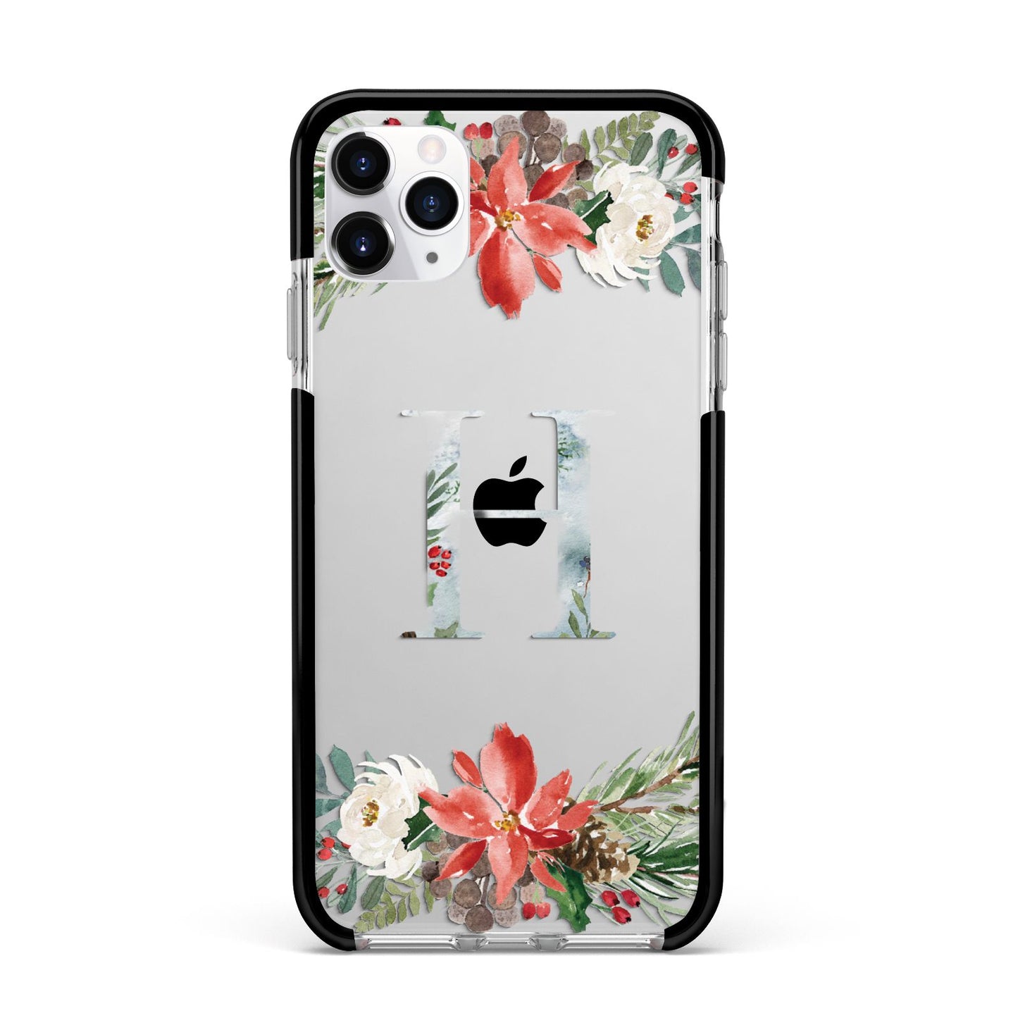 Personalised Winter Monogram Clear Floral Apple iPhone 11 Pro Max in Silver with Black Impact Case