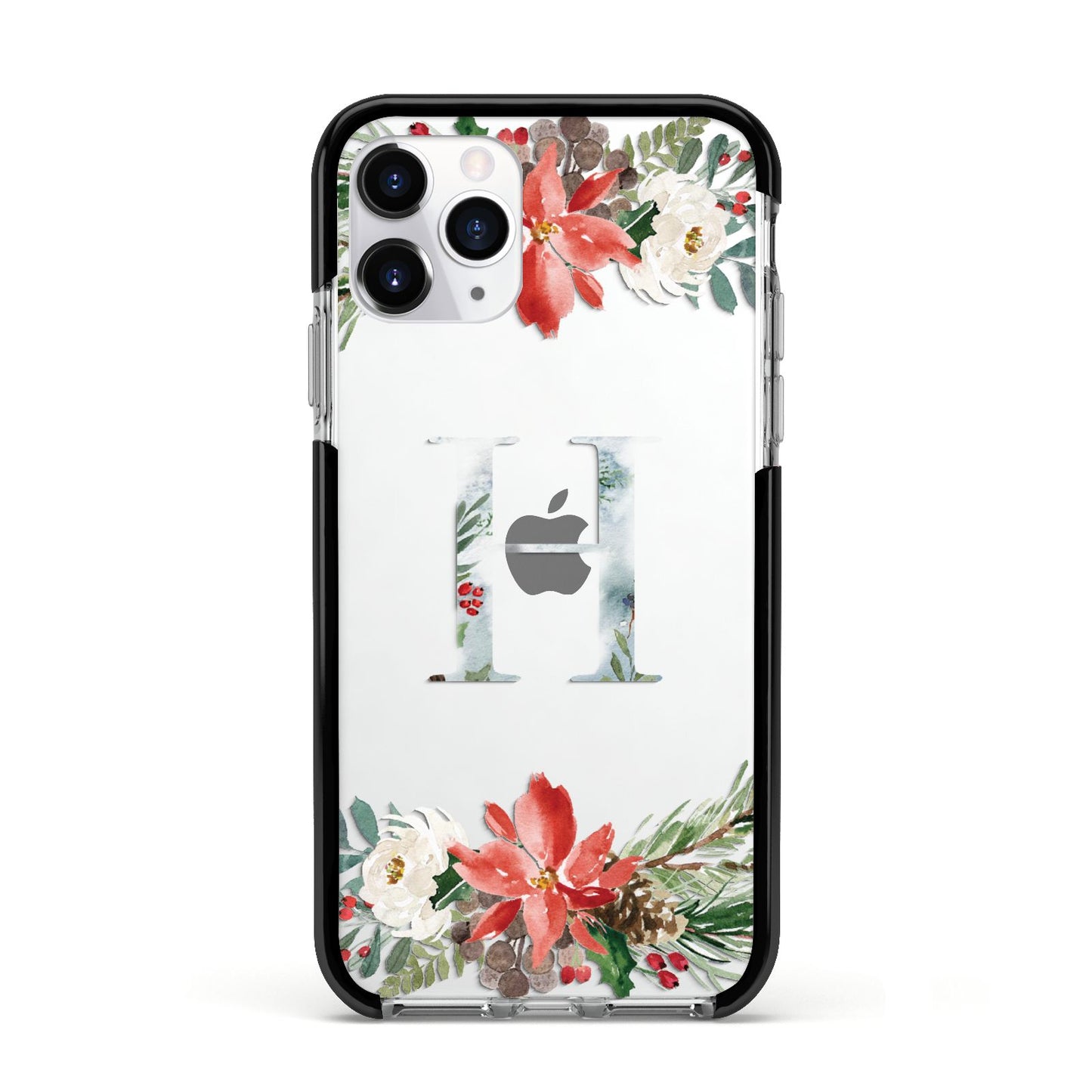 Personalised Winter Monogram Clear Floral Apple iPhone 11 Pro in Silver with Black Impact Case