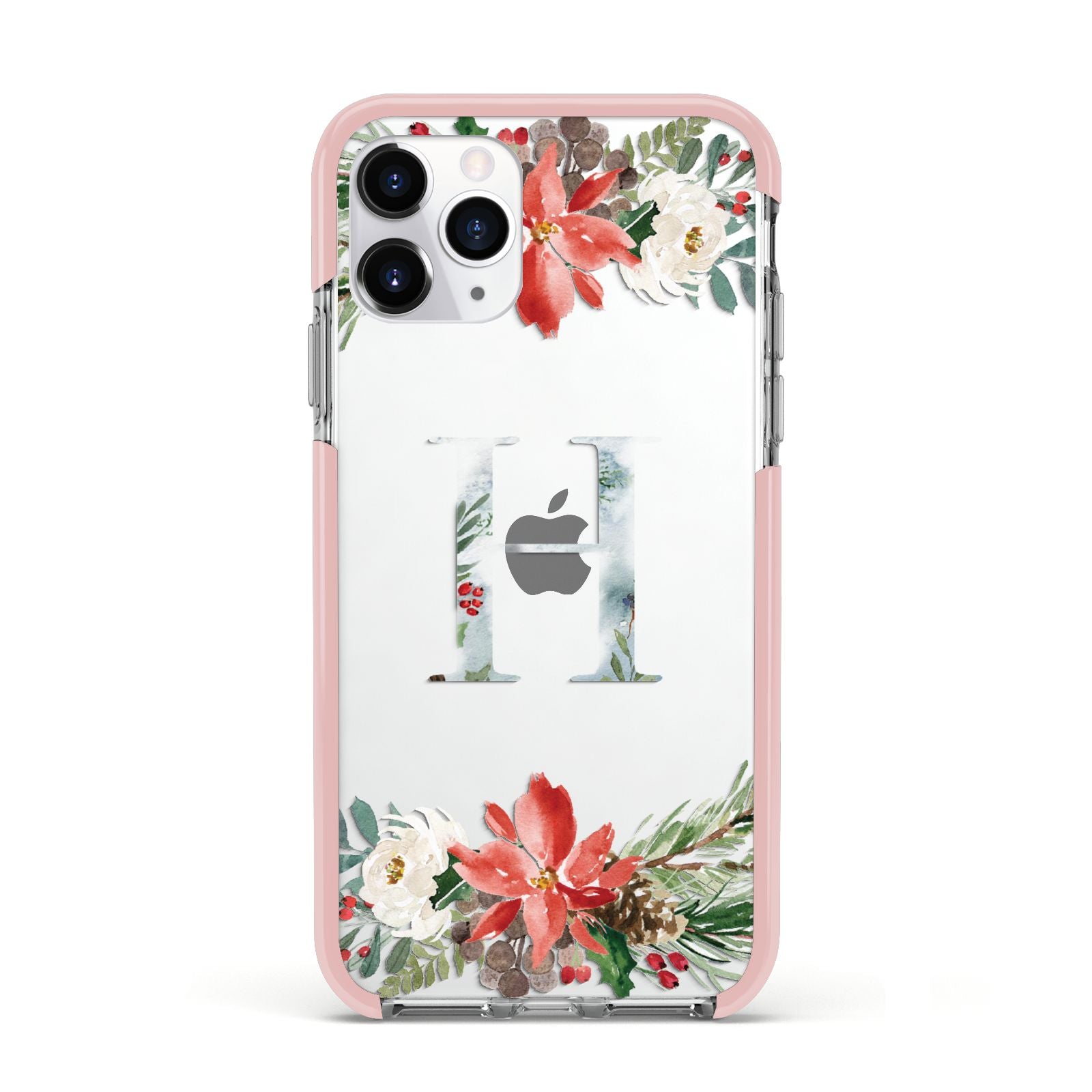 Personalised Winter Monogram Clear Floral Apple iPhone 11 Pro in Silver with Pink Impact Case