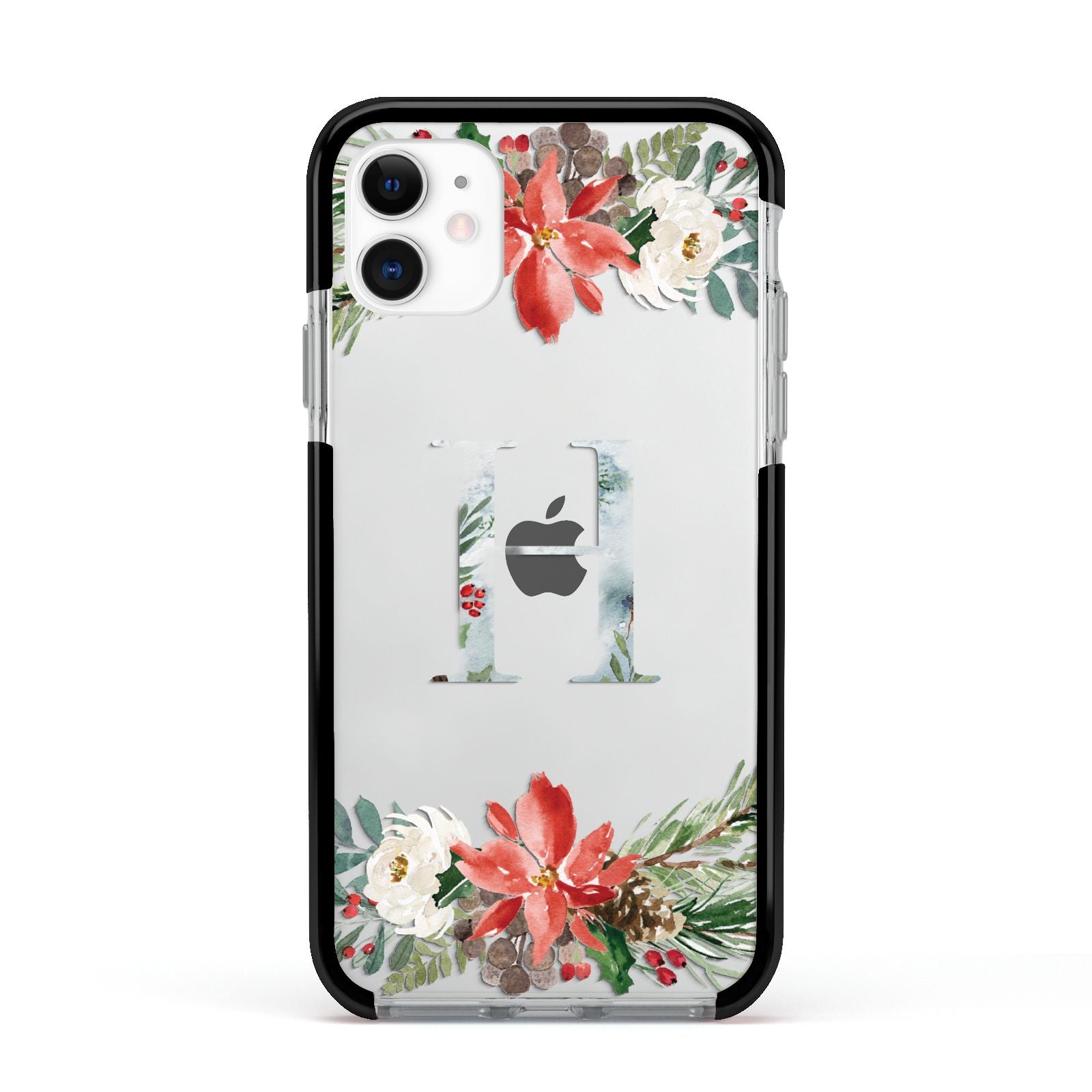 Personalised Winter Monogram Clear Floral Apple iPhone 11 in White with Black Impact Case