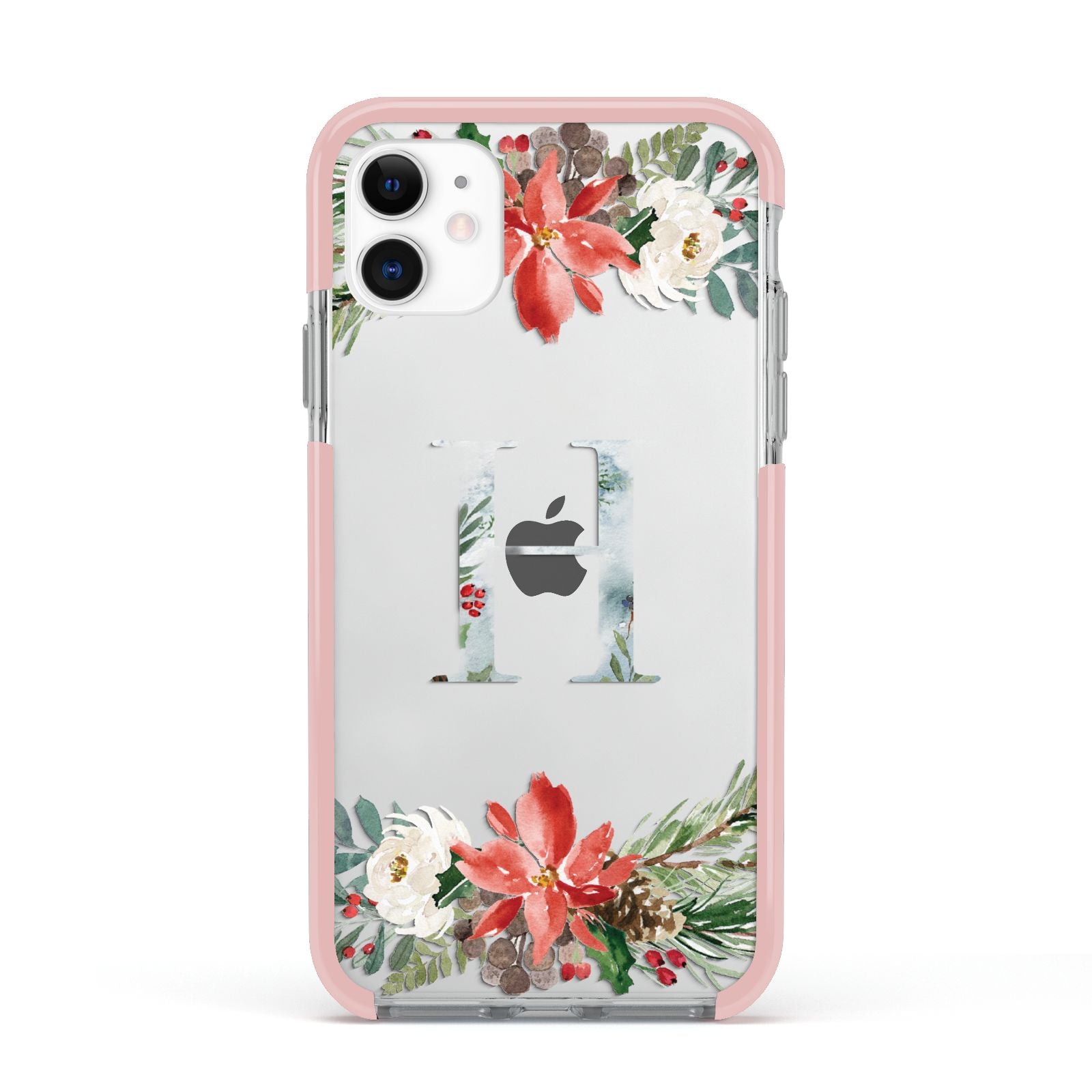 Personalised Winter Monogram Clear Floral Apple iPhone 11 in White with Pink Impact Case