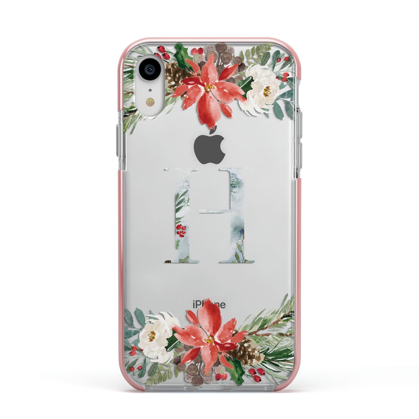 Personalised Winter Monogram Clear Floral Apple iPhone XR Impact Case Pink Edge on Silver Phone