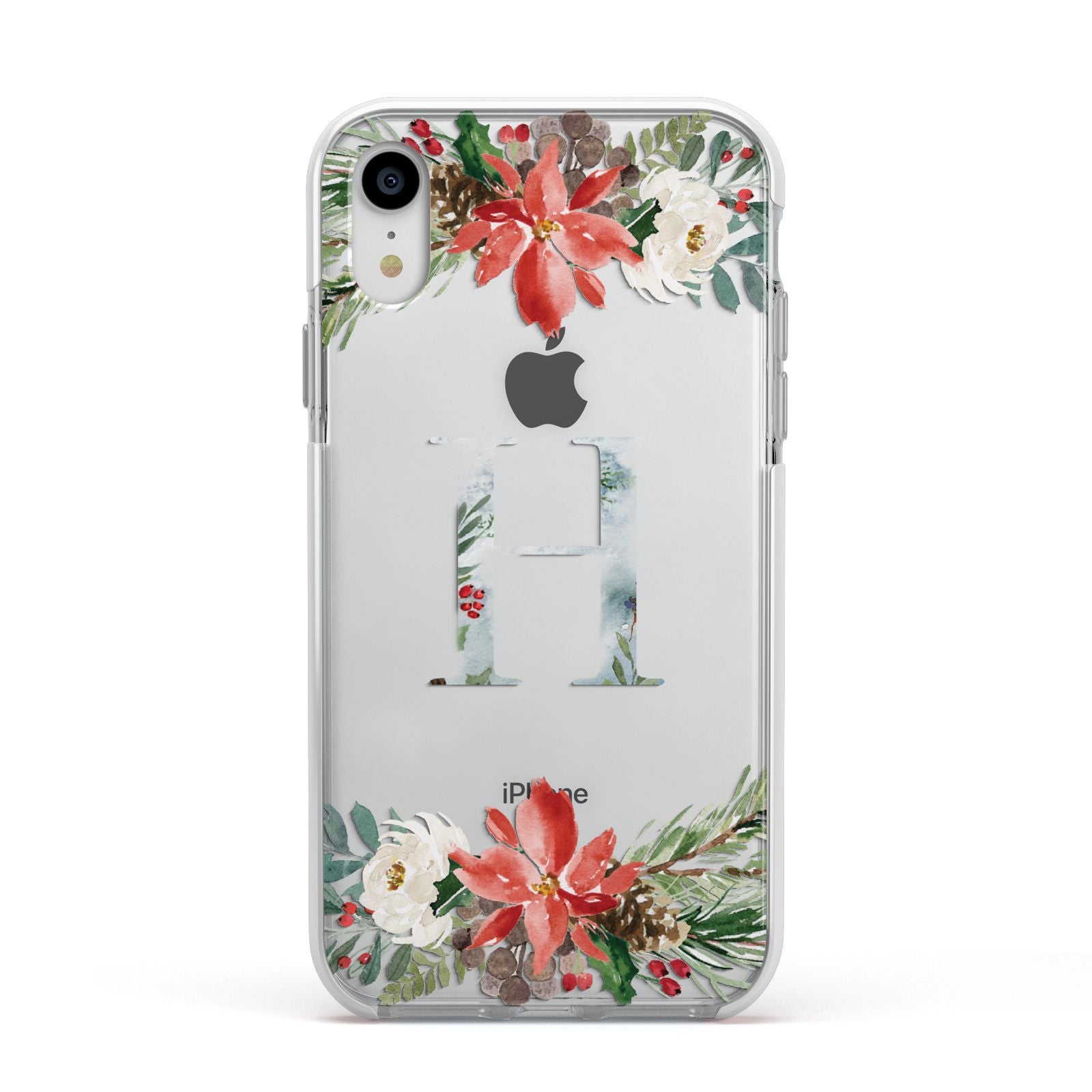Personalised Winter Monogram Clear Floral Apple iPhone XR Impact Case White Edge on Silver Phone
