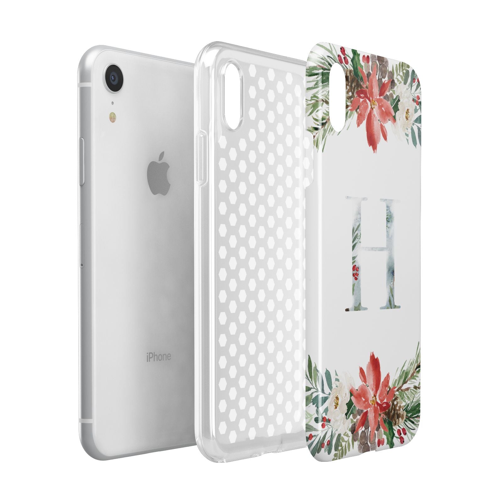 Personalised Winter Monogram Clear Floral Apple iPhone XR White 3D Tough Case Expanded view
