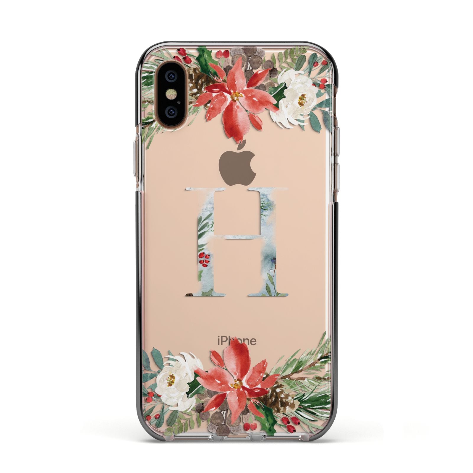 Personalised Winter Monogram Clear Floral Apple iPhone Xs Impact Case Black Edge on Gold Phone