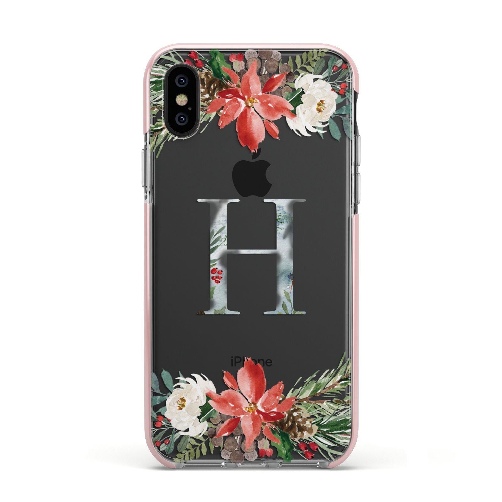 Personalised Winter Monogram Clear Floral Apple iPhone Xs Impact Case Pink Edge on Black Phone