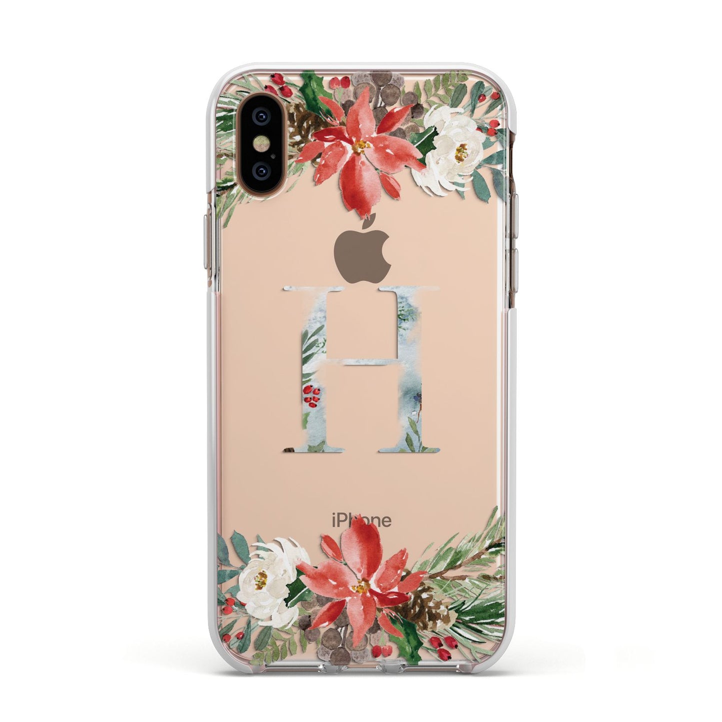 Personalised Winter Monogram Clear Floral Apple iPhone Xs Impact Case White Edge on Gold Phone