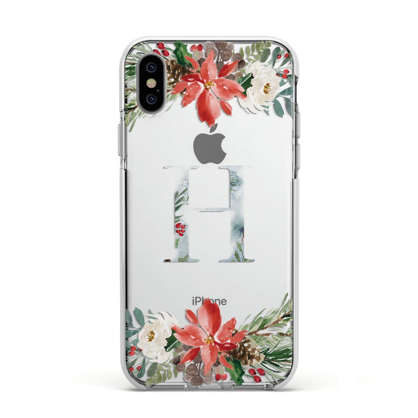 Personalised Winter Monogram Clear Floral Apple iPhone Xs Impact Case White Edge on Silver Phone