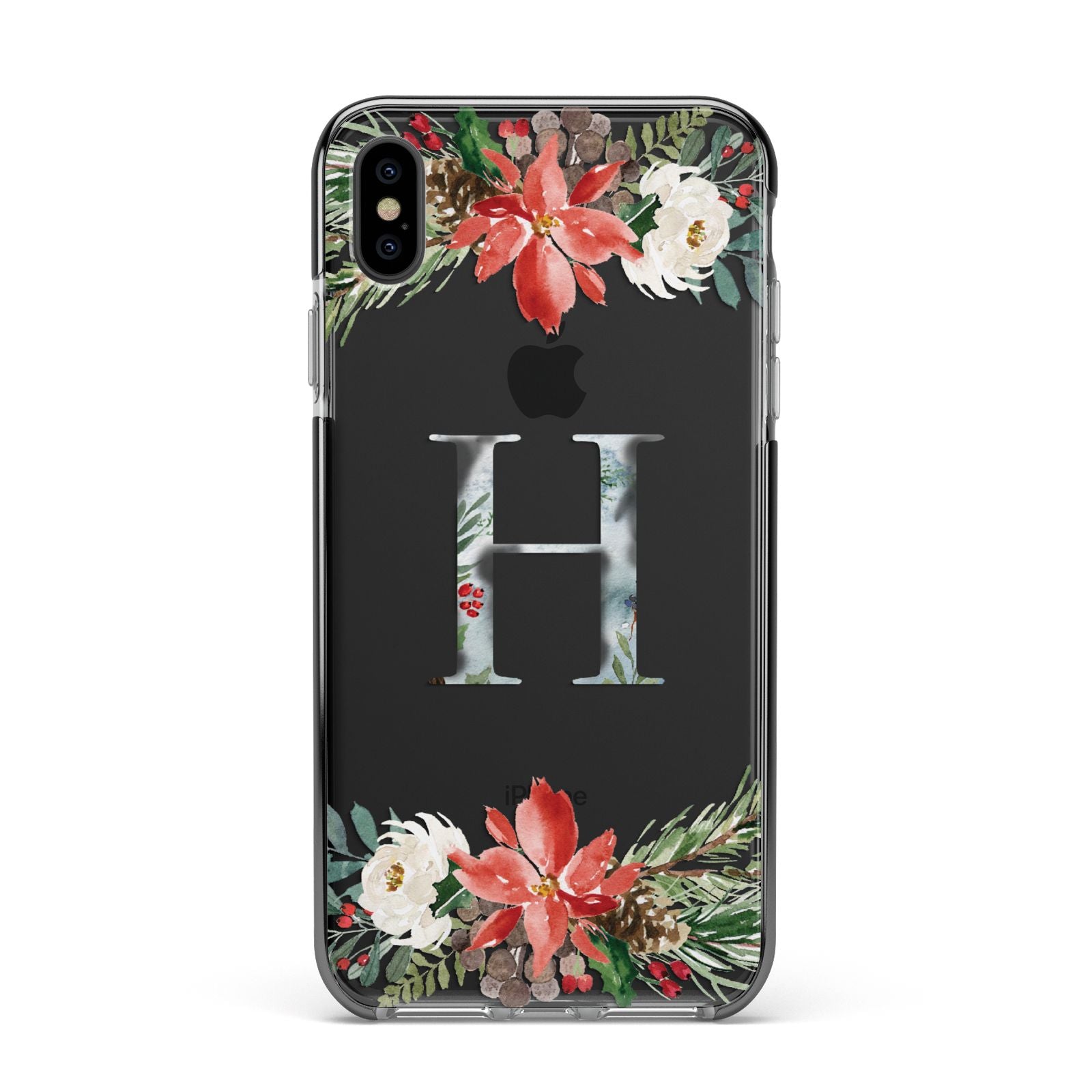 Personalised Winter Monogram Clear Floral Apple iPhone Xs Max Impact Case Black Edge on Black Phone