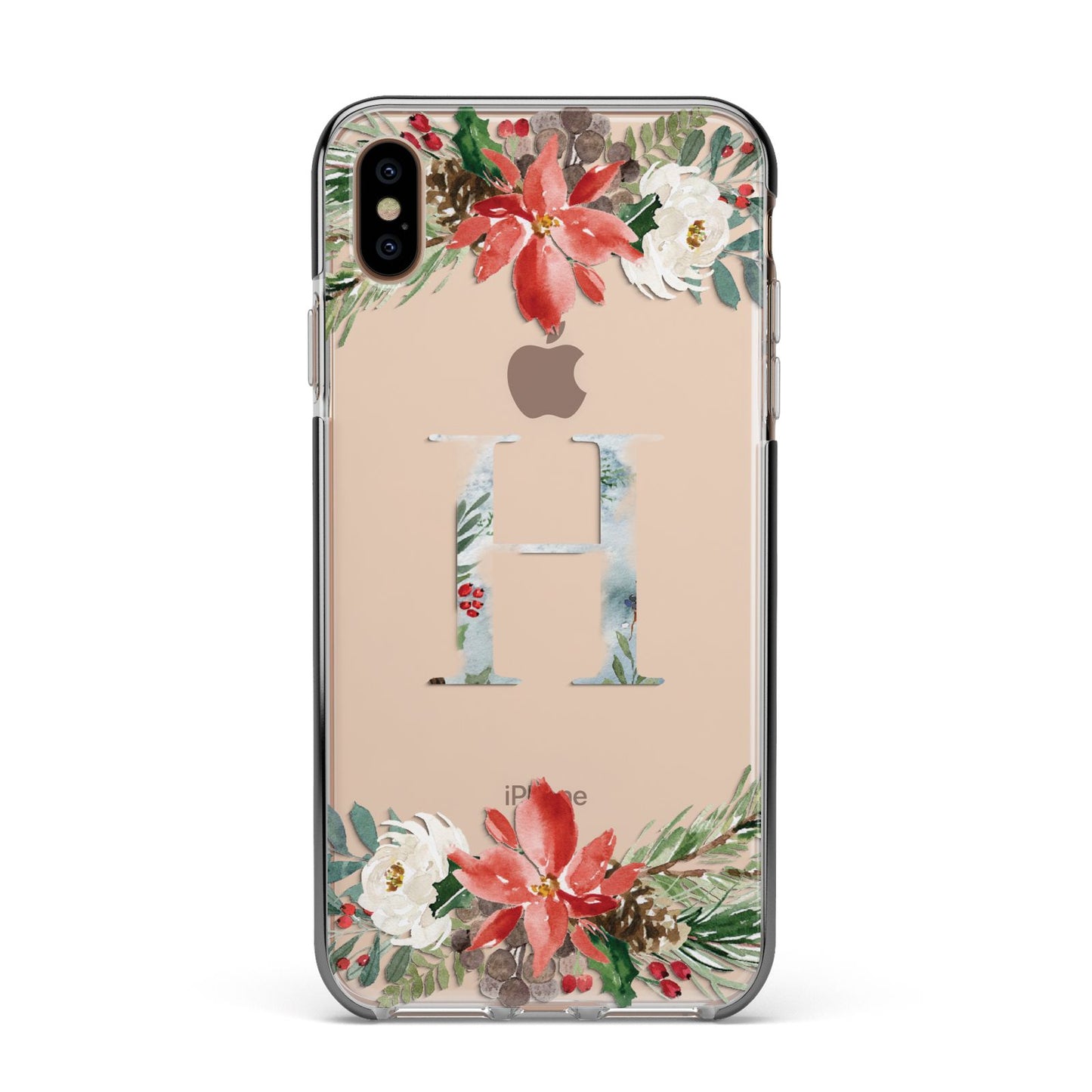 Personalised Winter Monogram Clear Floral Apple iPhone Xs Max Impact Case Black Edge on Gold Phone