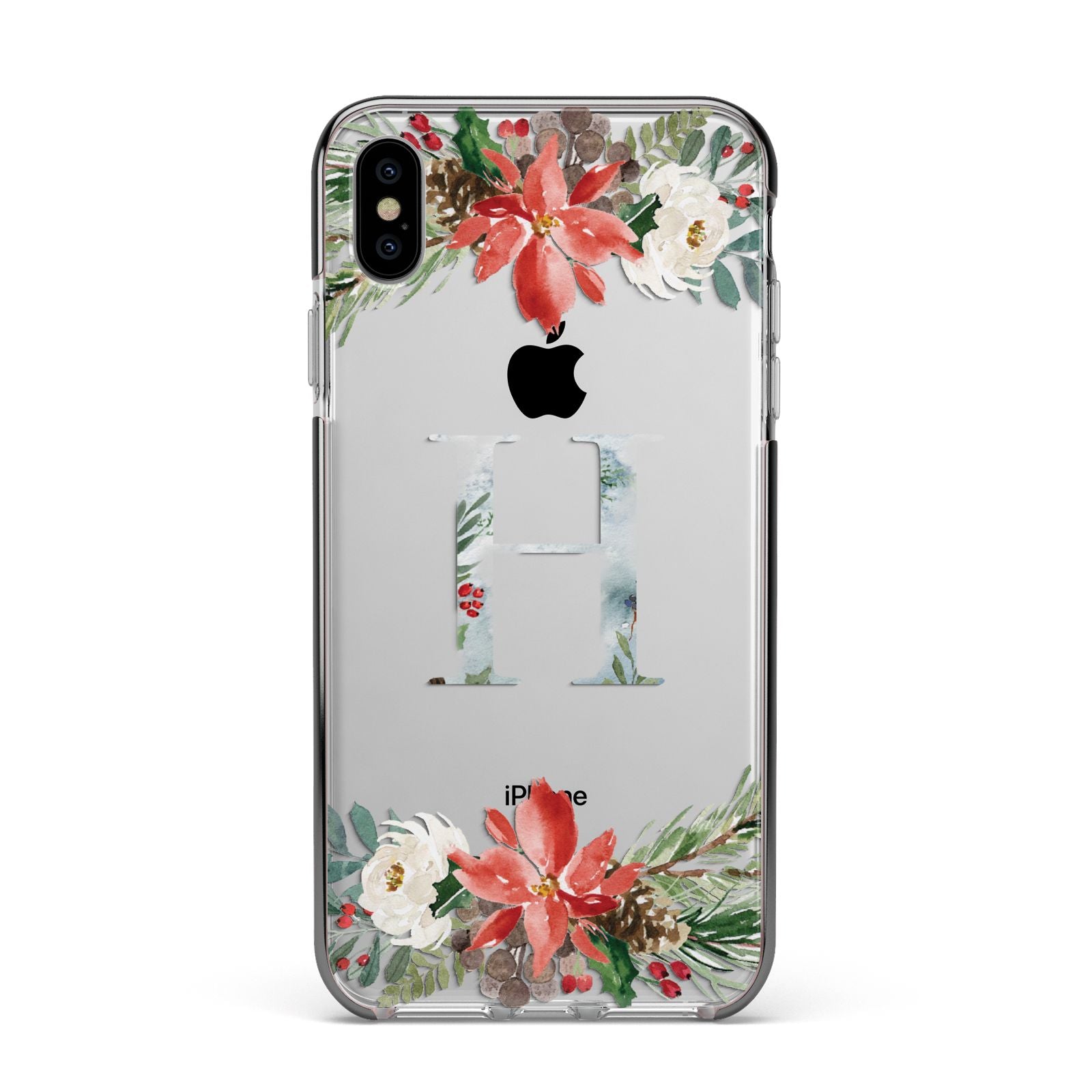 Personalised Winter Monogram Clear Floral Apple iPhone Xs Max Impact Case Black Edge on Silver Phone