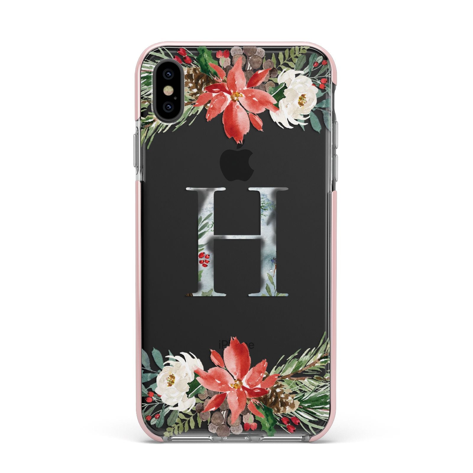 Personalised Winter Monogram Clear Floral Apple iPhone Xs Max Impact Case Pink Edge on Black Phone