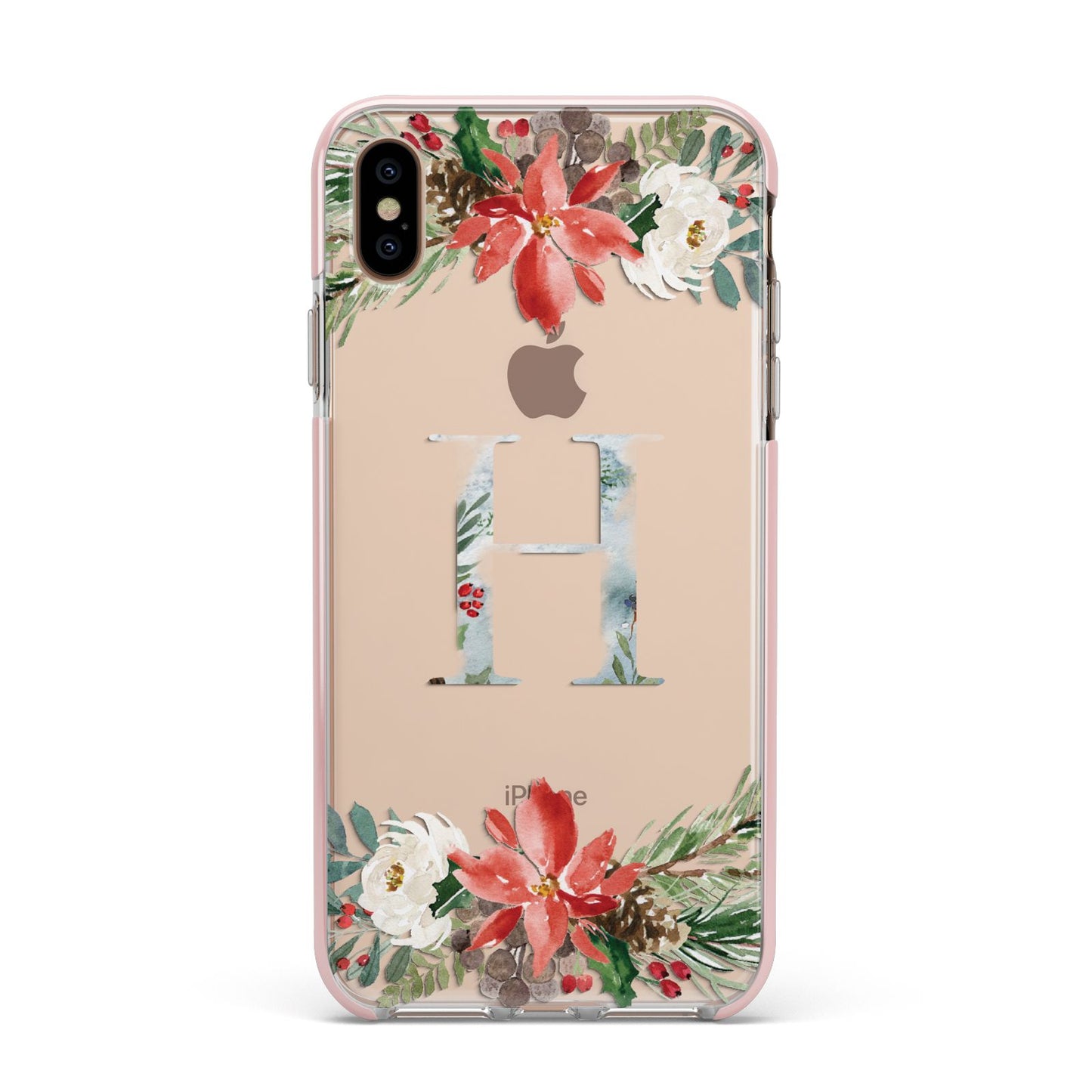 Personalised Winter Monogram Clear Floral Apple iPhone Xs Max Impact Case Pink Edge on Gold Phone