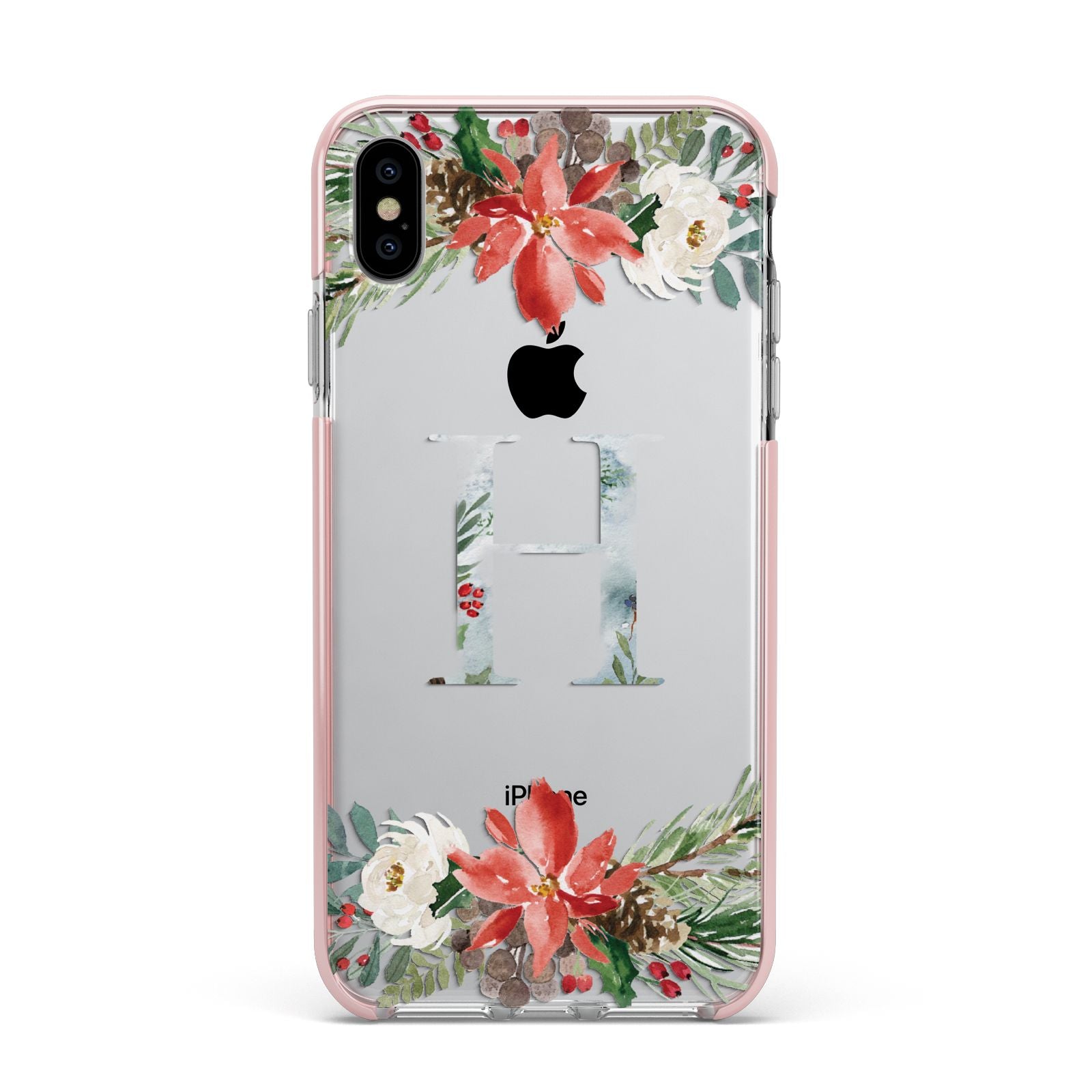 Personalised Winter Monogram Clear Floral Apple iPhone Xs Max Impact Case Pink Edge on Silver Phone