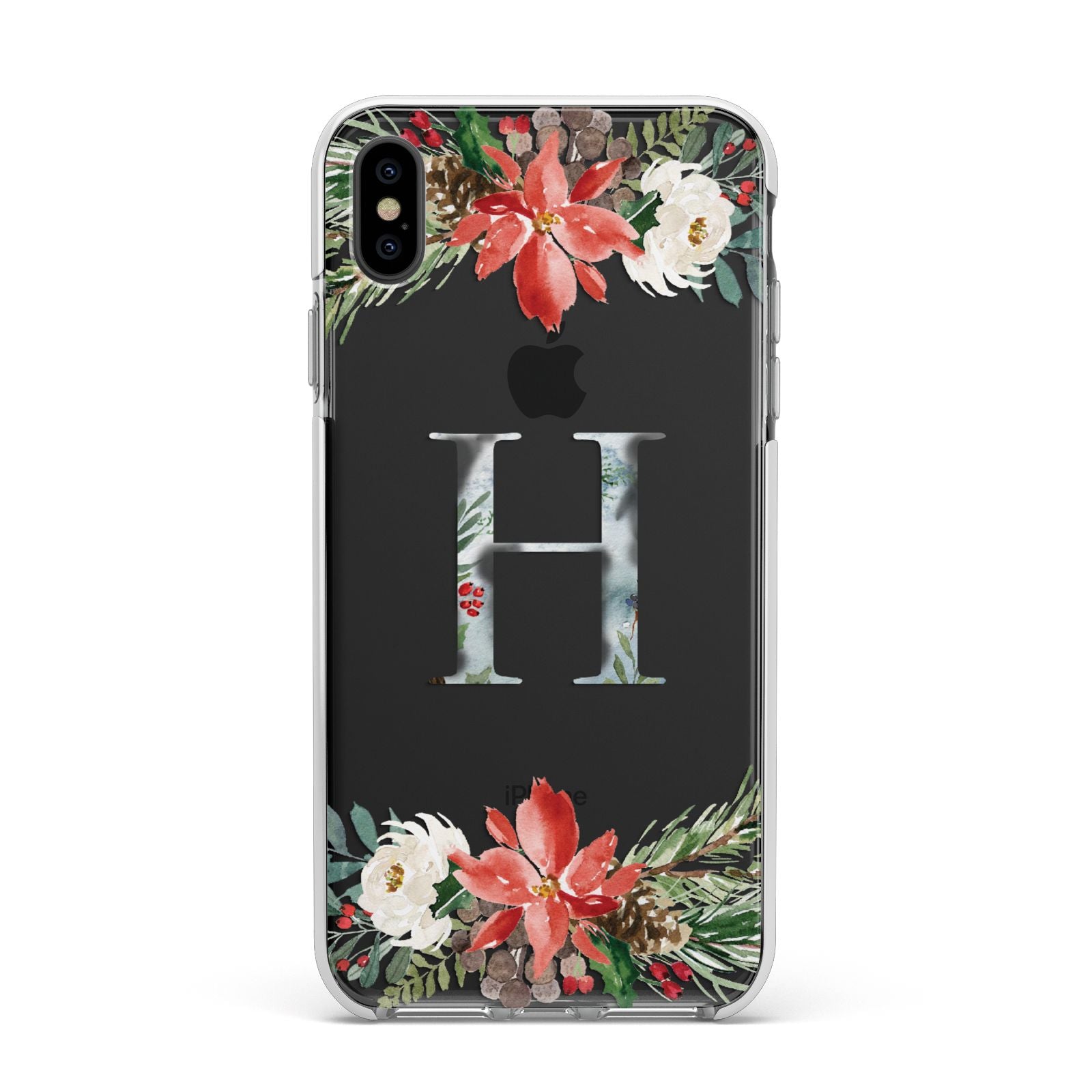 Personalised Winter Monogram Clear Floral Apple iPhone Xs Max Impact Case White Edge on Black Phone