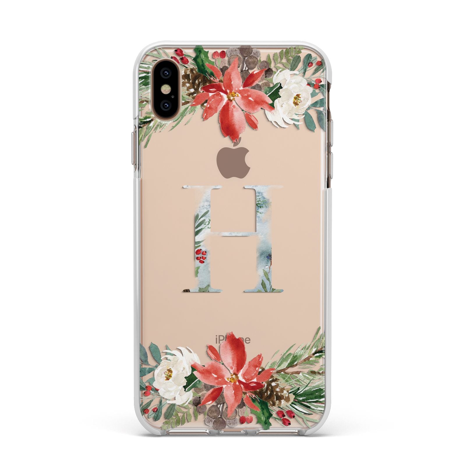 Personalised Winter Monogram Clear Floral Apple iPhone Xs Max Impact Case White Edge on Gold Phone