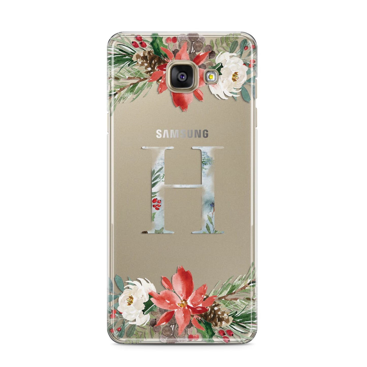 Personalised Winter Monogram Clear Floral Samsung Galaxy A3 2016 Case on gold phone