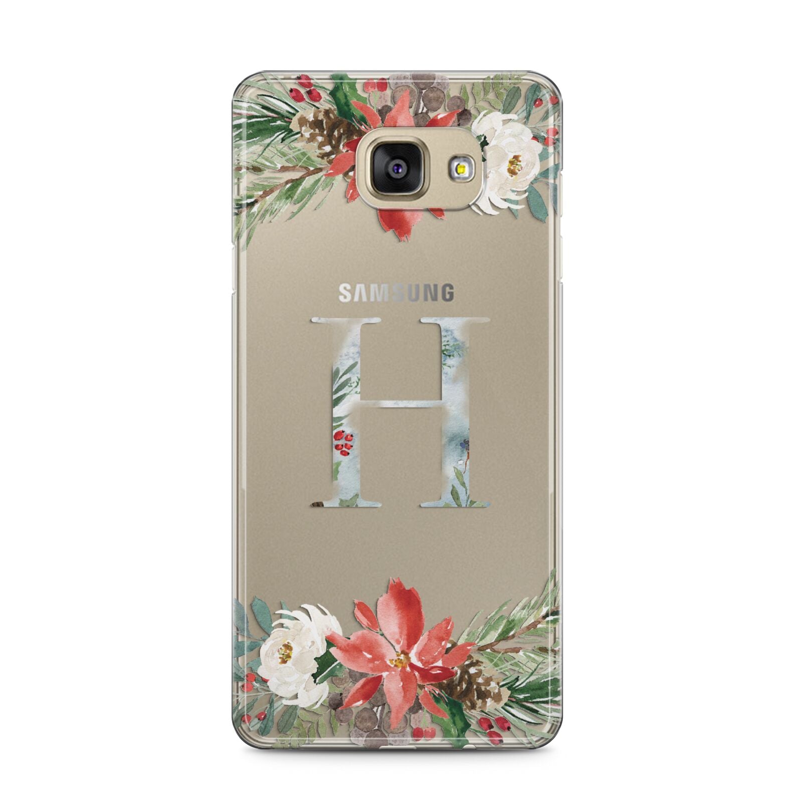 Personalised Winter Monogram Clear Floral Samsung Galaxy A5 2016 Case on gold phone