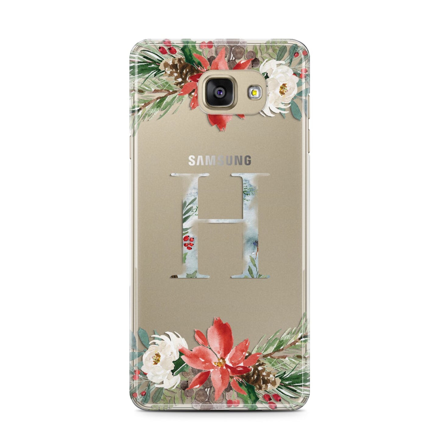 Personalised Winter Monogram Clear Floral Samsung Galaxy A7 2016 Case on gold phone