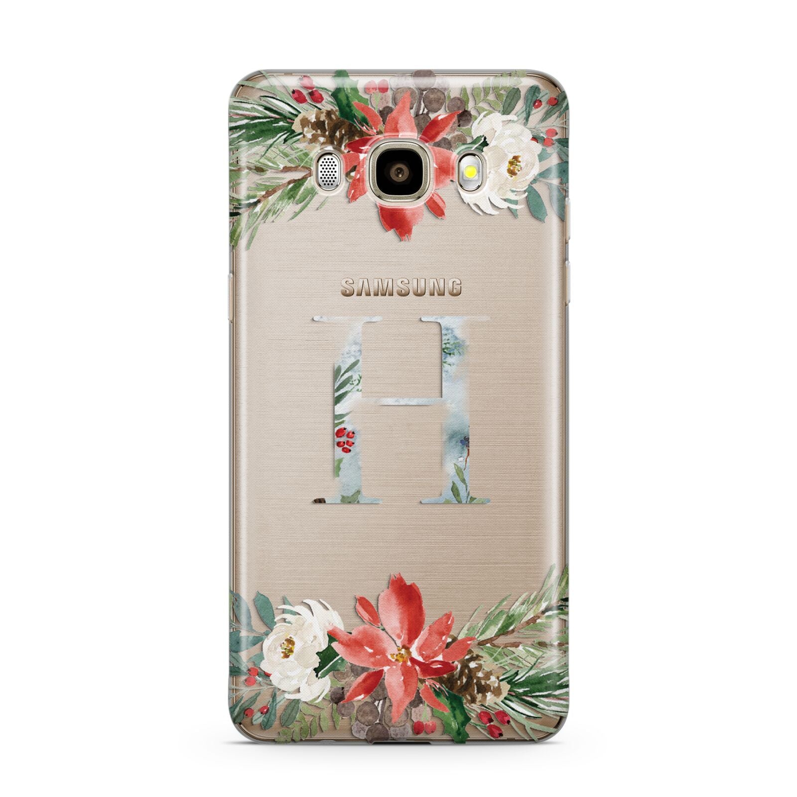 Personalised Winter Monogram Clear Floral Samsung Galaxy J7 2016 Case on gold phone