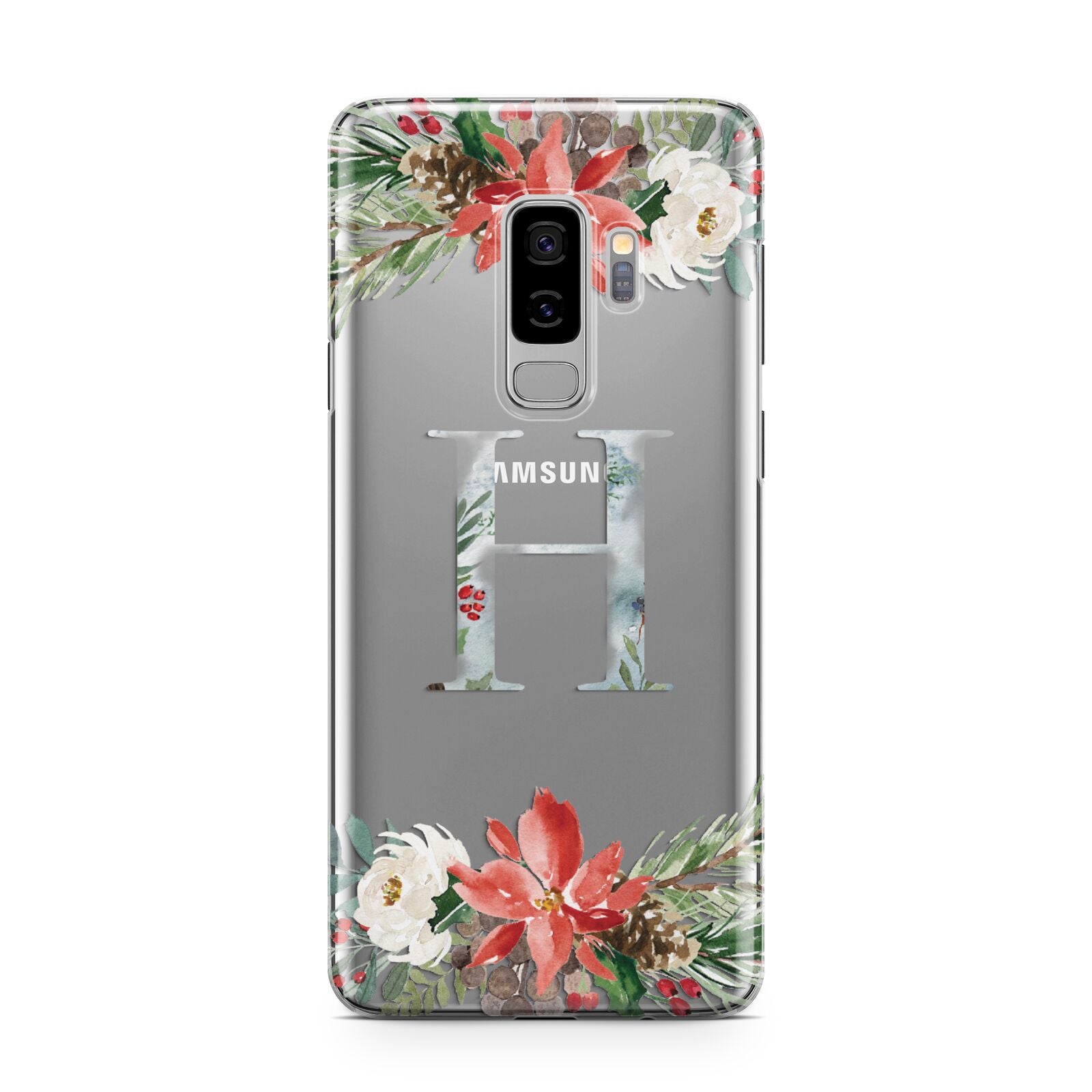 Personalised Winter Monogram Clear Floral Samsung Galaxy S9 Plus Case on Silver phone