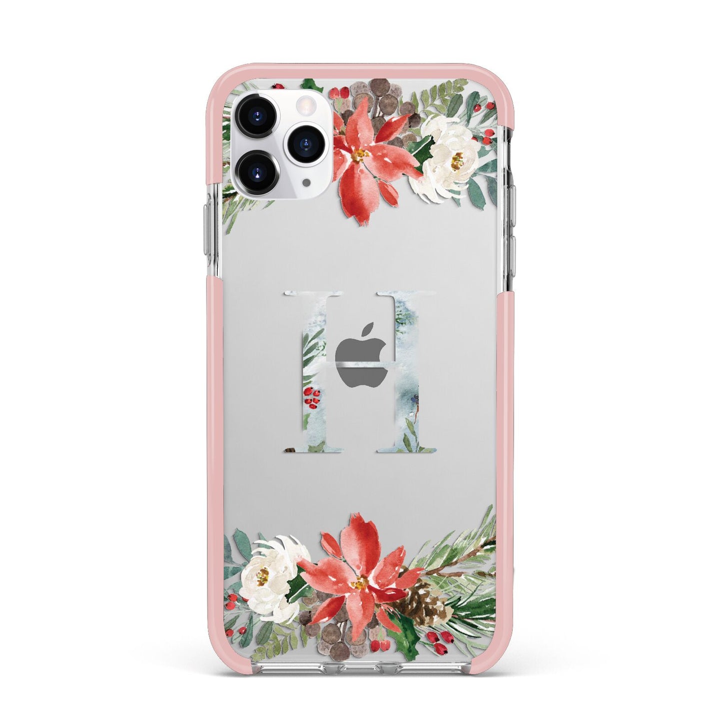 Personalised Winter Monogram Clear Floral iPhone 11 Pro Max Impact Pink Edge Case