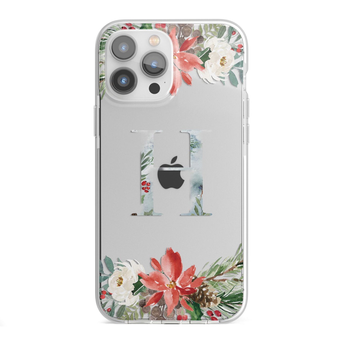 Personalised Winter Monogram Clear Floral iPhone 13 Pro Max TPU Impact Case with White Edges
