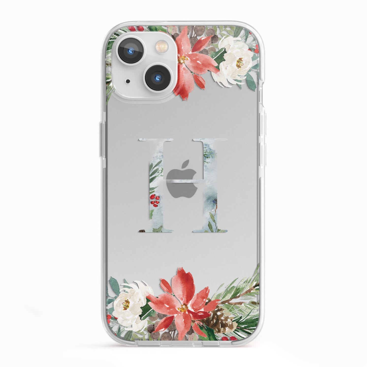 Personalised Winter Monogram Clear Floral iPhone 13 TPU Impact Case with White Edges