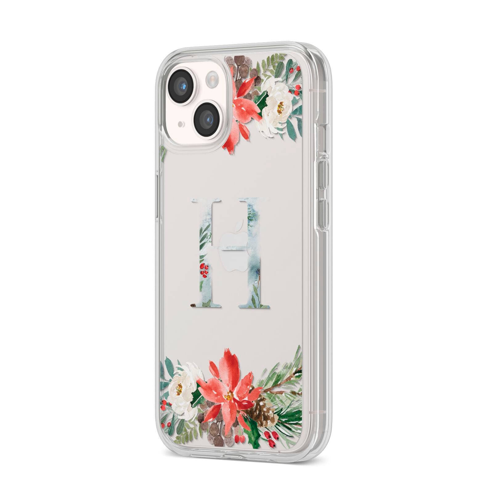 Personalised Winter Monogram Clear Floral iPhone 14 Clear Tough Case Starlight Angled Image