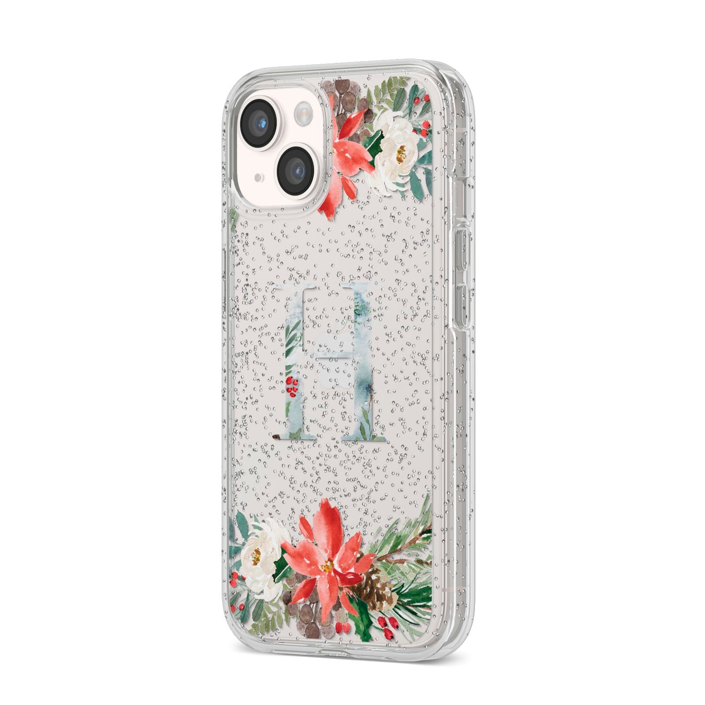 Personalised Winter Monogram Clear Floral iPhone 14 Glitter Tough Case Starlight Angled Image