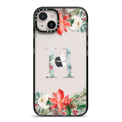 Personalised Winter Monogram Clear Floral iPhone 14 Plus Black Impact Case on Silver phone