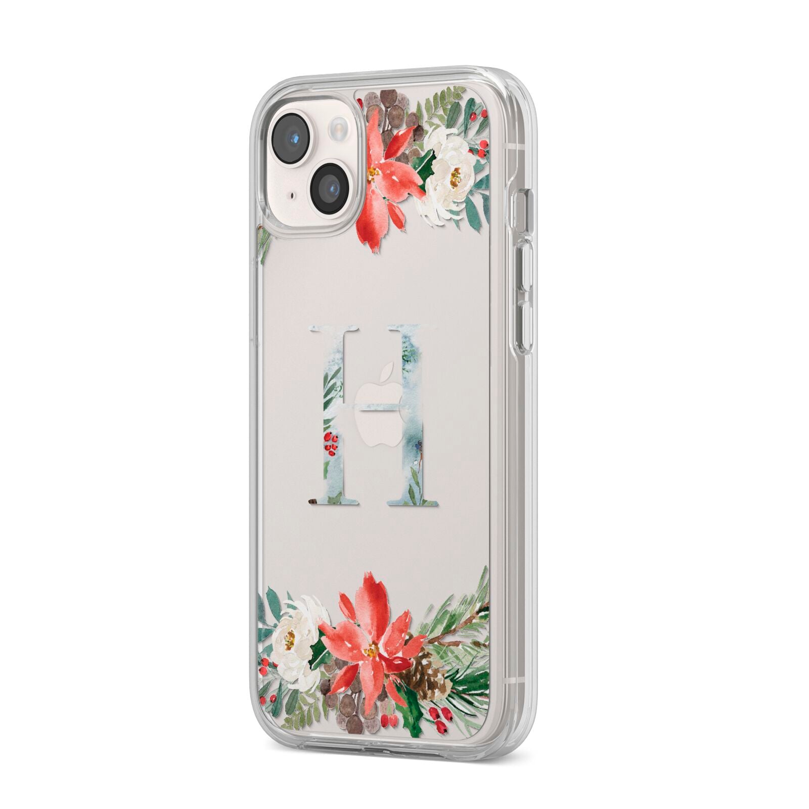 Personalised Winter Monogram Clear Floral iPhone 14 Plus Clear Tough Case Starlight Angled Image